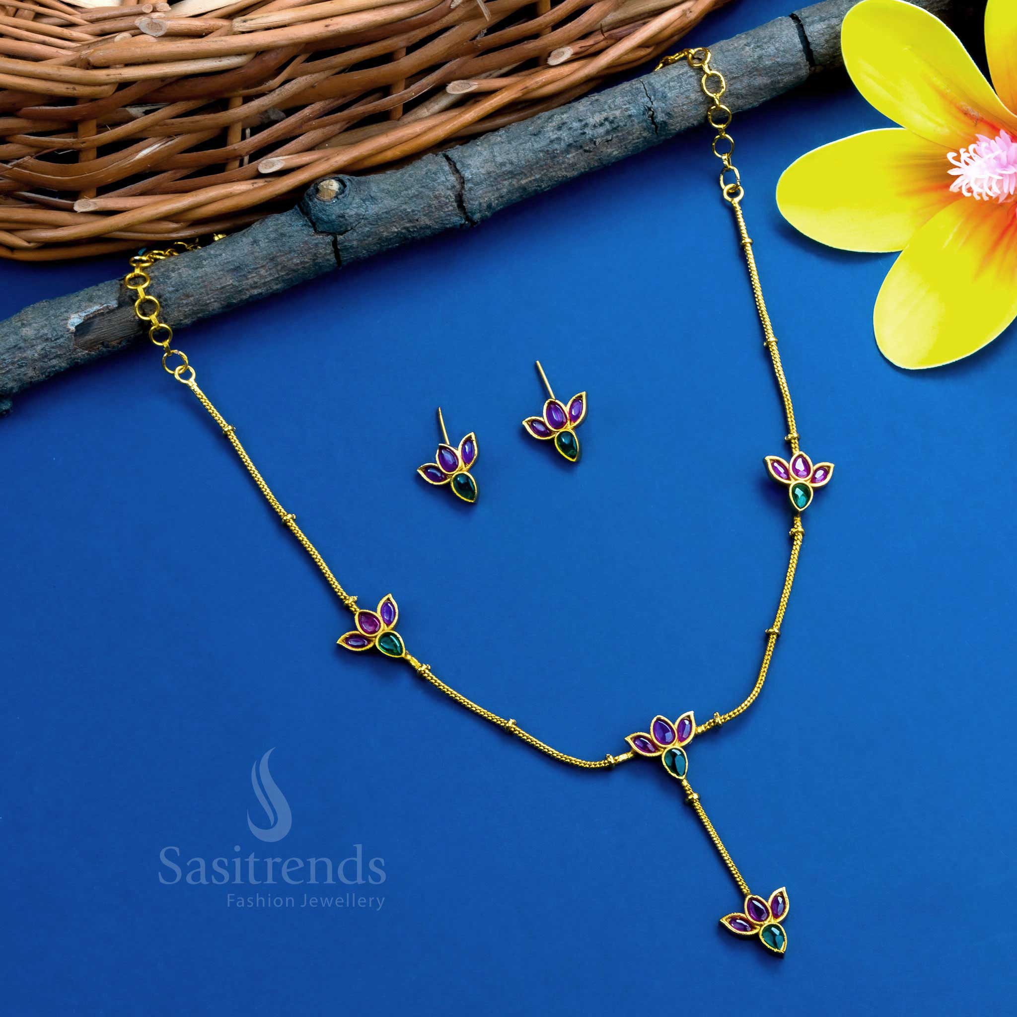 Premium Temple Matte Gold Plated Exquisite Lotus Designer Necklace Jewellery Set - Sasitrends - Image 2