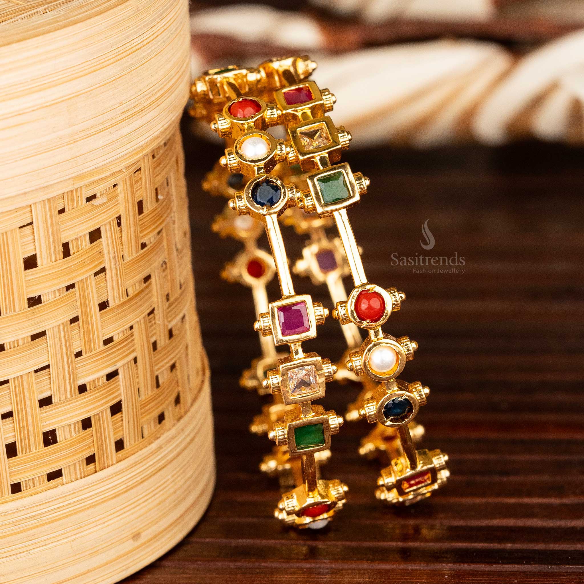 Temple Wear Micro Gold Plated Round And Square Shaped American Diamond Stones Bangles - Image 3