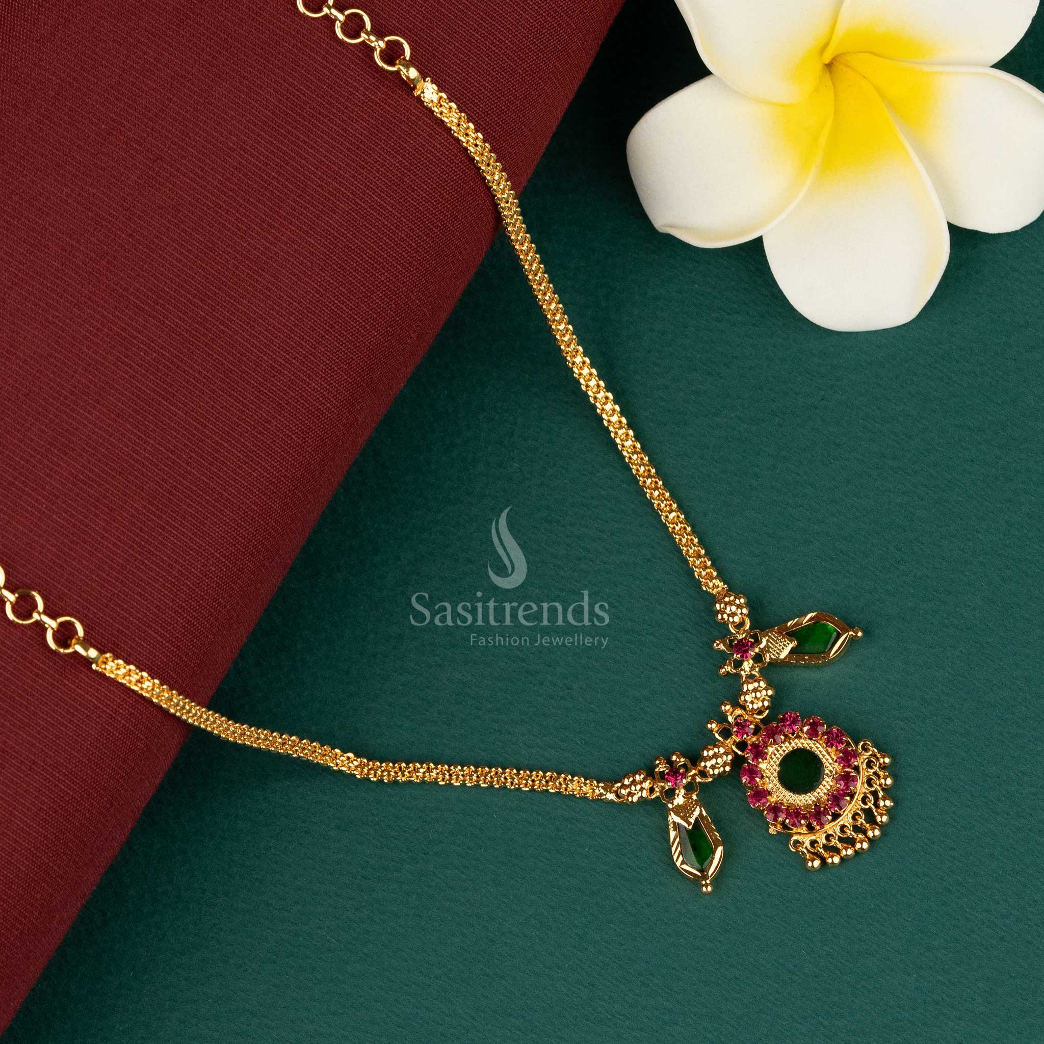 One Gram Micro Gold Plated Traditional Green Palakka Nagapadam Necklace with Intricate Design - Sasitrends - Image 3