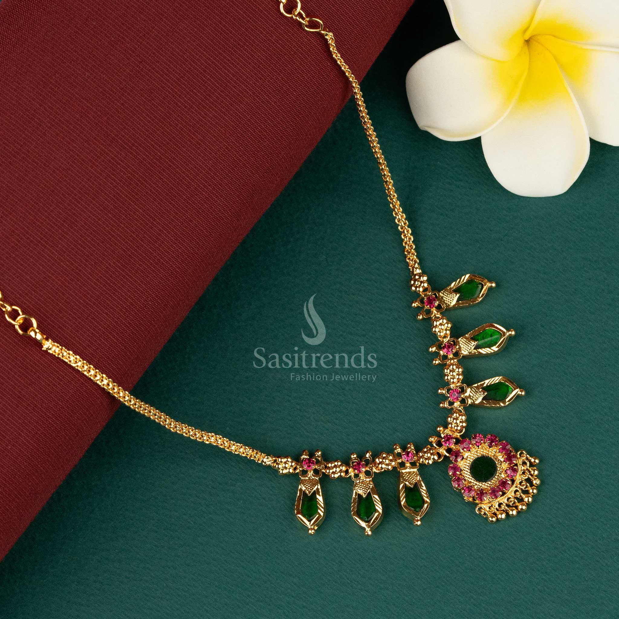 One Gram Micro Gold Plated Traditional Green Palakka Nagapadam Necklace with Intricate Design - Sasitrends - Image 6
