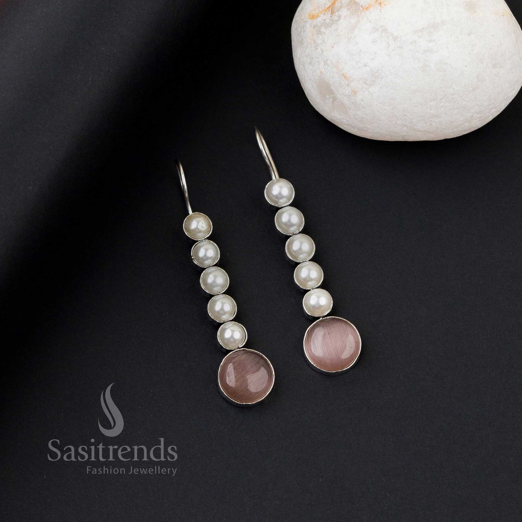 Sasitrends | Oxidised Silver Five Pearl Line with Monalisa Stones Earrings for Women - Trendy Office Wear Collection - Image 7
