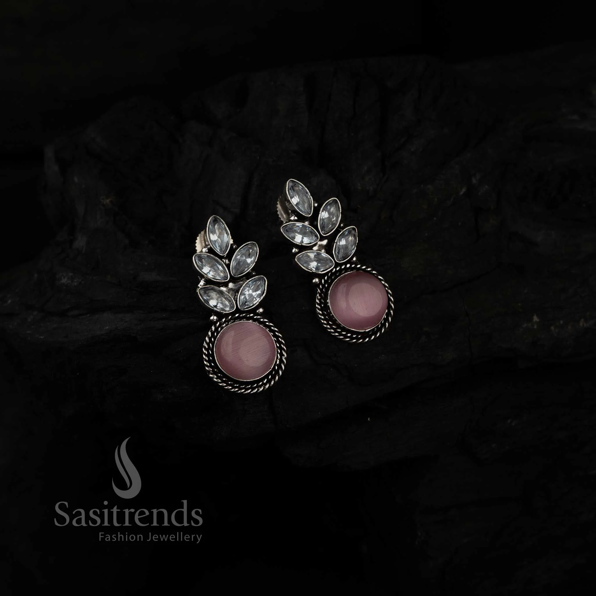 Captivating Monalisa Stone Leaf Pattern Earrings - Oxidised Silver AD Stones | Sasitrends - Image 11
