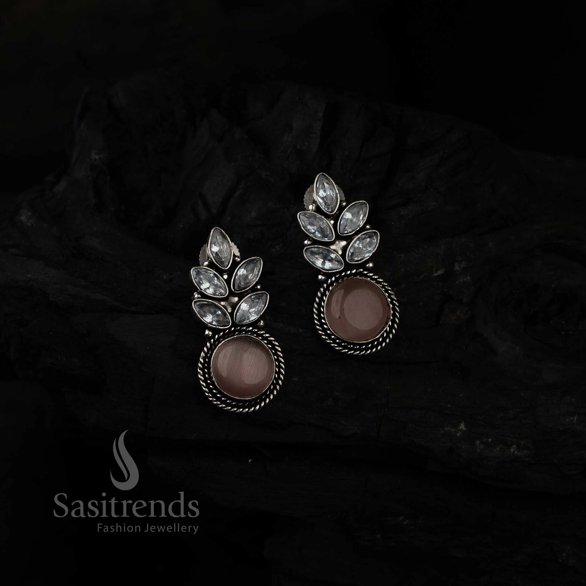 Captivating Monalisa Stone Leaf Pattern Earrings - Oxidised Silver AD Stones | Sasitrends - Image 5