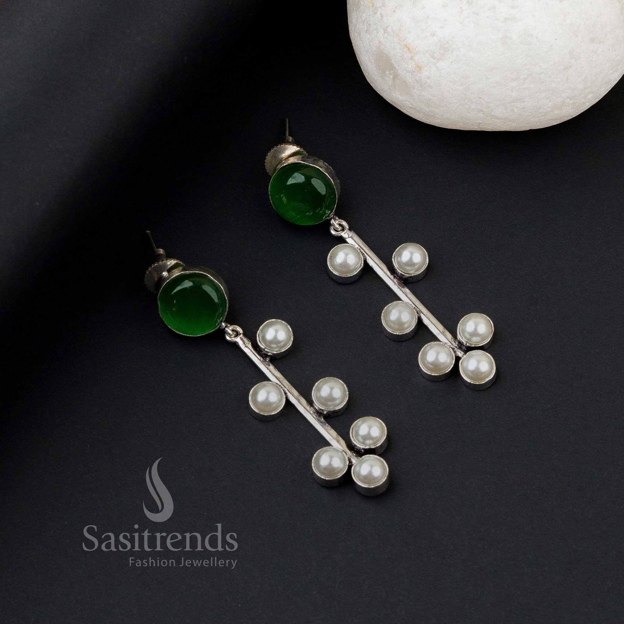 Gorgeous Oxidised Silver Earrings with Pearl and Monalisa Stones - Sasitrends - Image 10