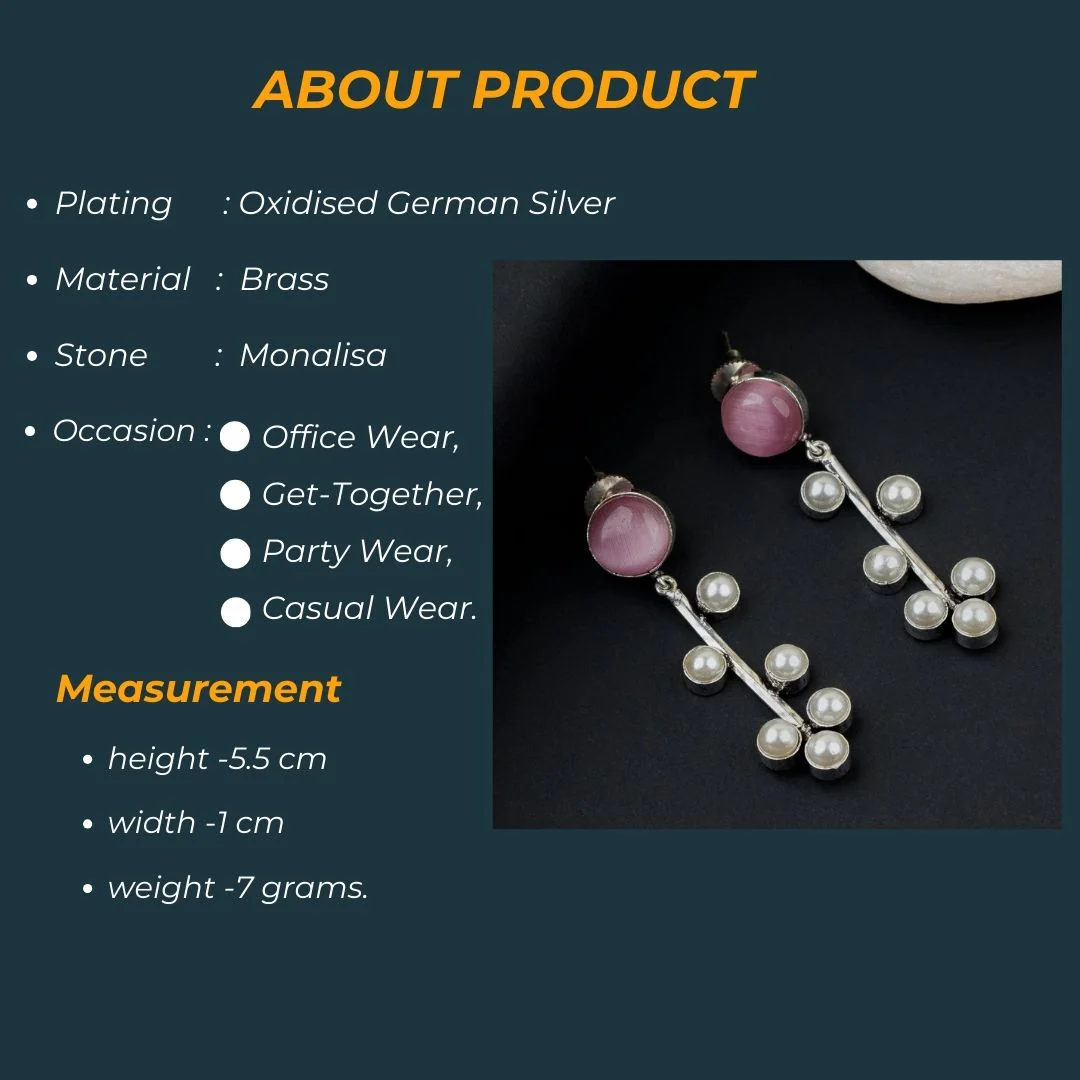 Gorgeous Oxidised Silver Earrings with Pearl and Monalisa Stones - Sasitrends - Image 2