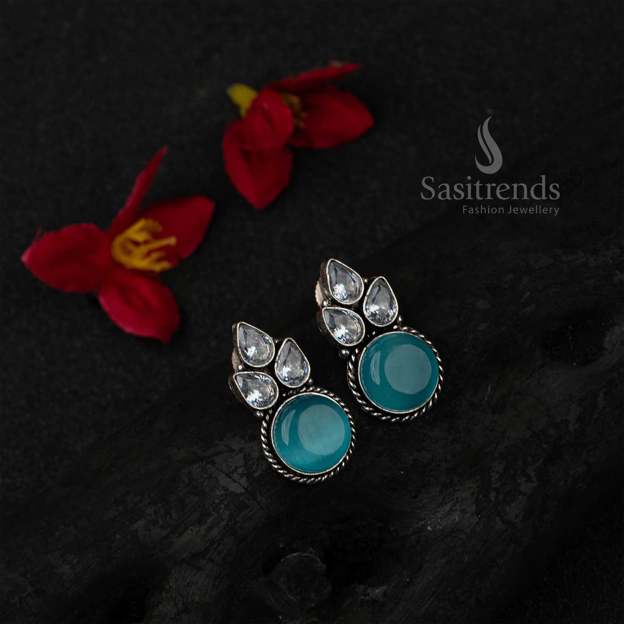 Sasitrends | Elegant Oxidised German Silver Earrings with AD and Monalisa Stones - Image 9