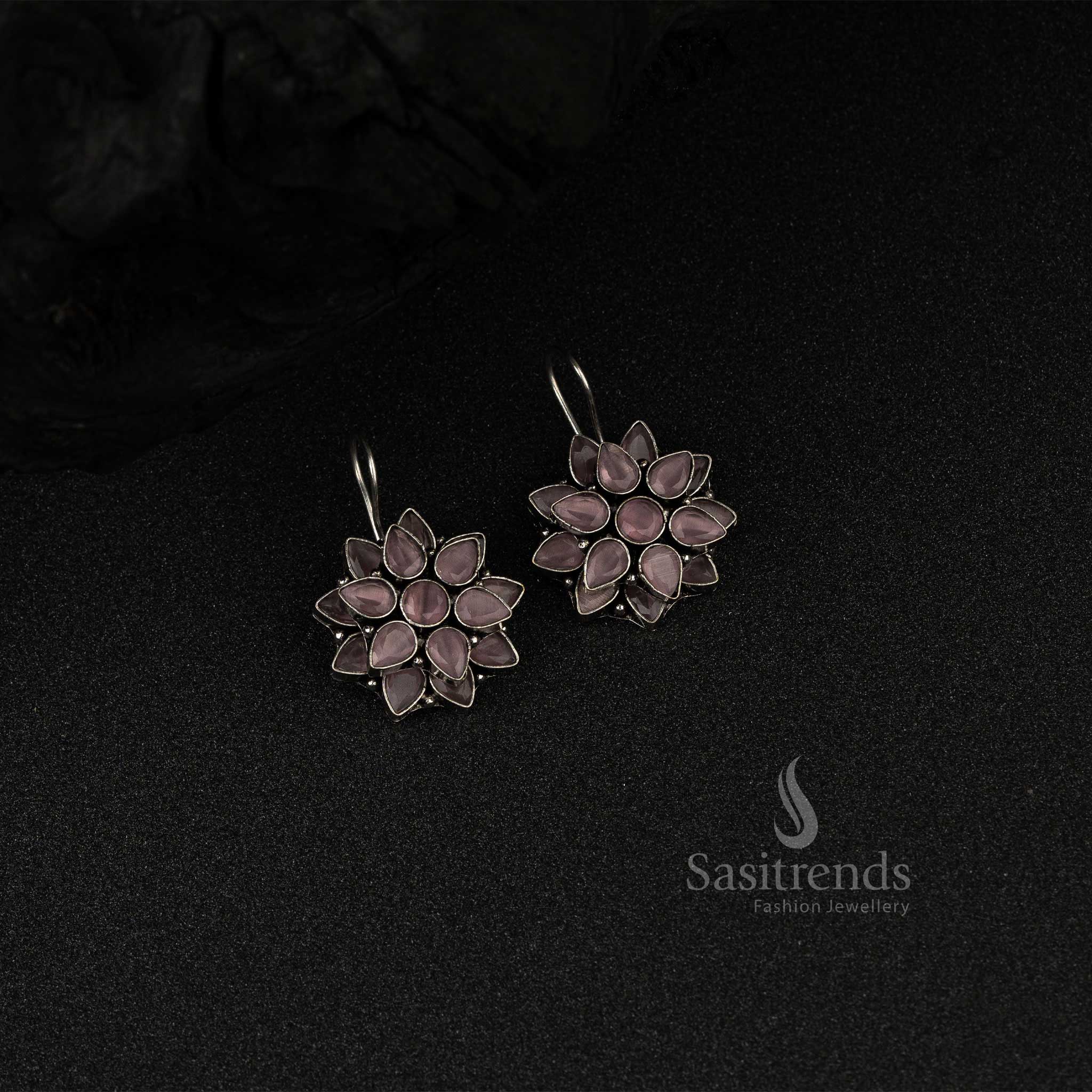 Oxidised German Silver Double Layer Flower Stones Earrings - Sasitrends - Image 9