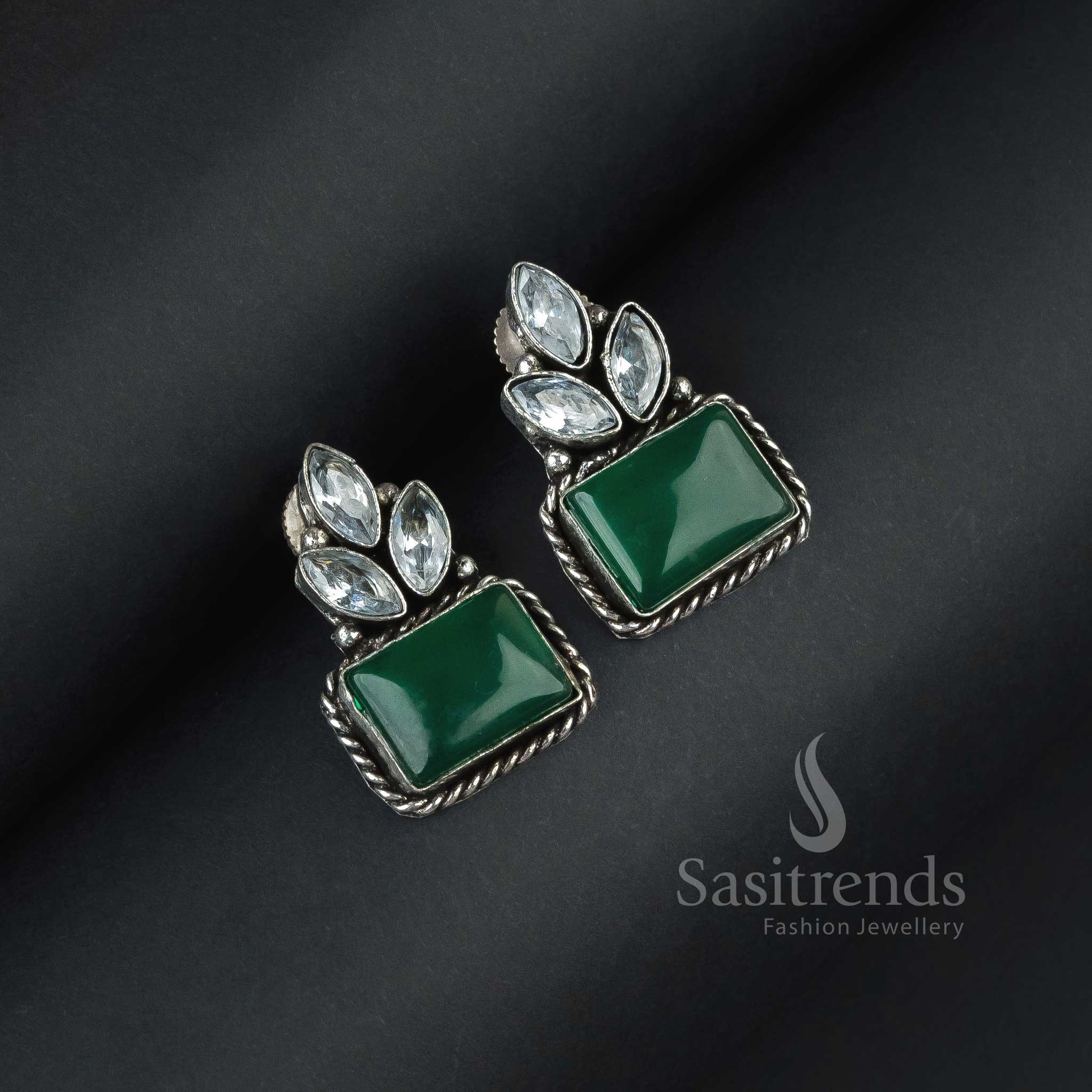 Sasitrends | Beautiful Silver Oxidised Rectangular Monalisa Earrings with AD Stones - Image 10
