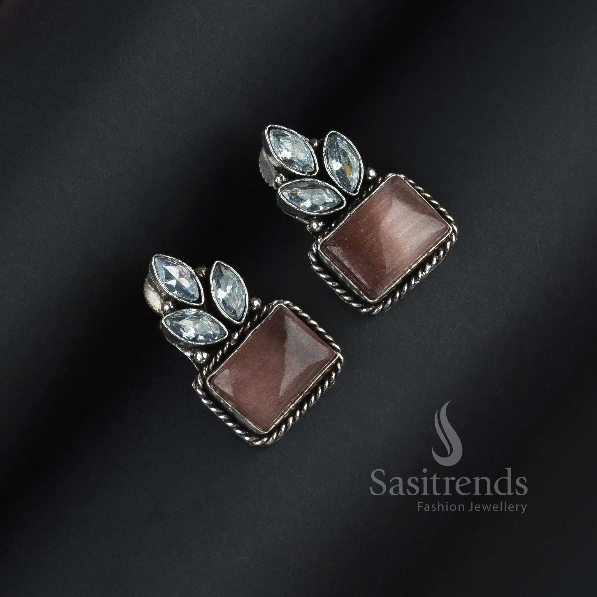 Sasitrends | Beautiful Silver Oxidised Rectangular Monalisa Earrings with AD Stones - Image 4