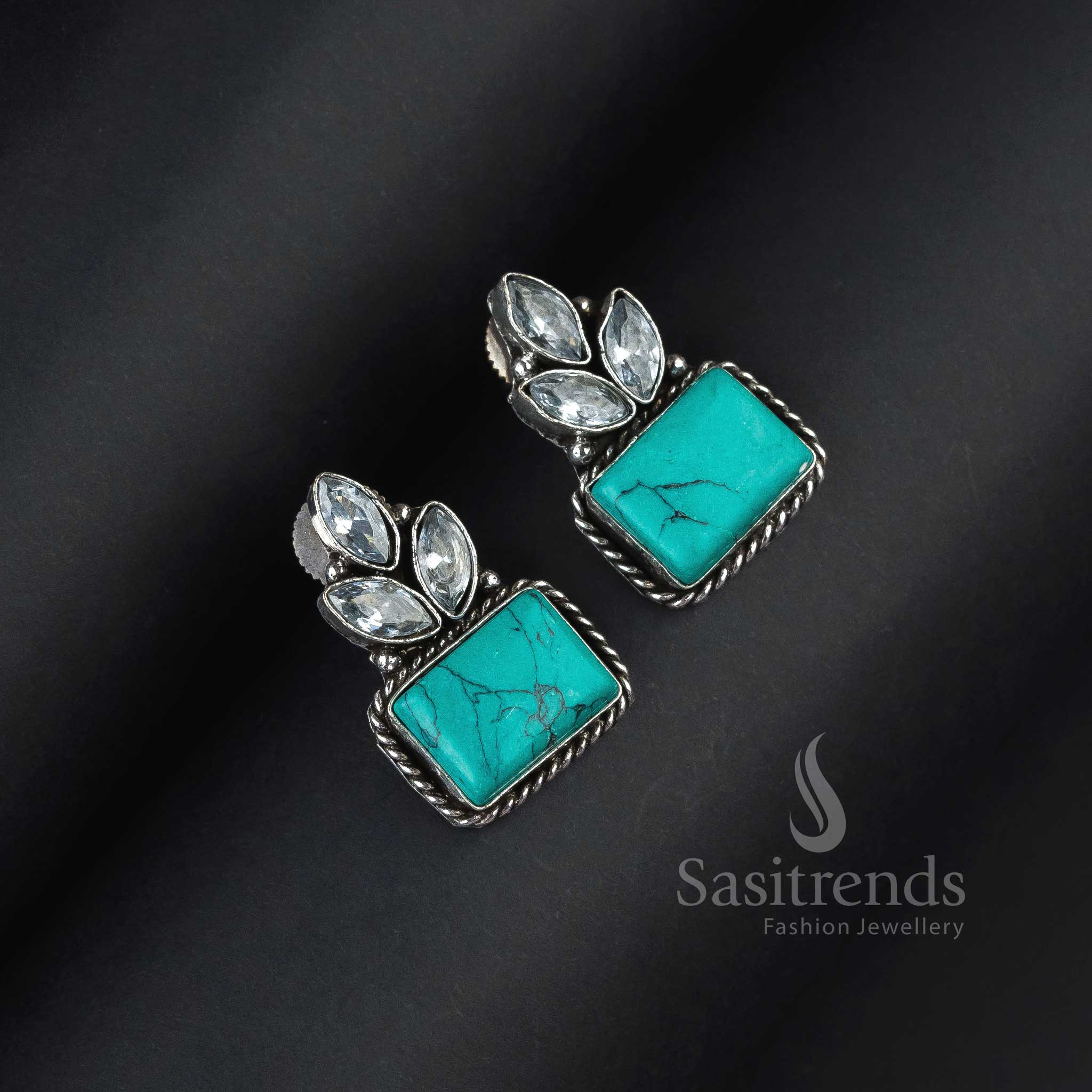 Sasitrends | Beautiful Silver Oxidised Rectangular Monalisa Earrings with AD Stones - Image 6