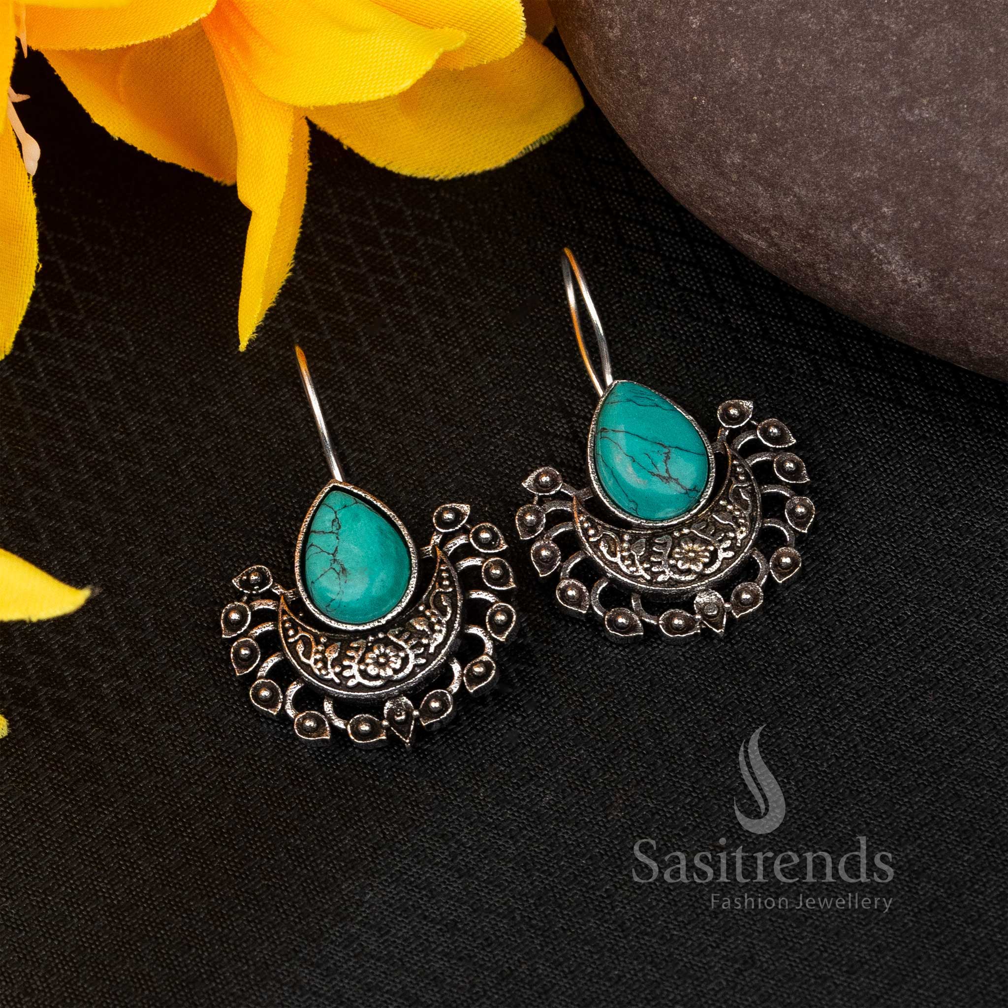 Boho Chic Fish Hook Oxidised Earrings with Multicolor Stones - Sasitrends - Image 5