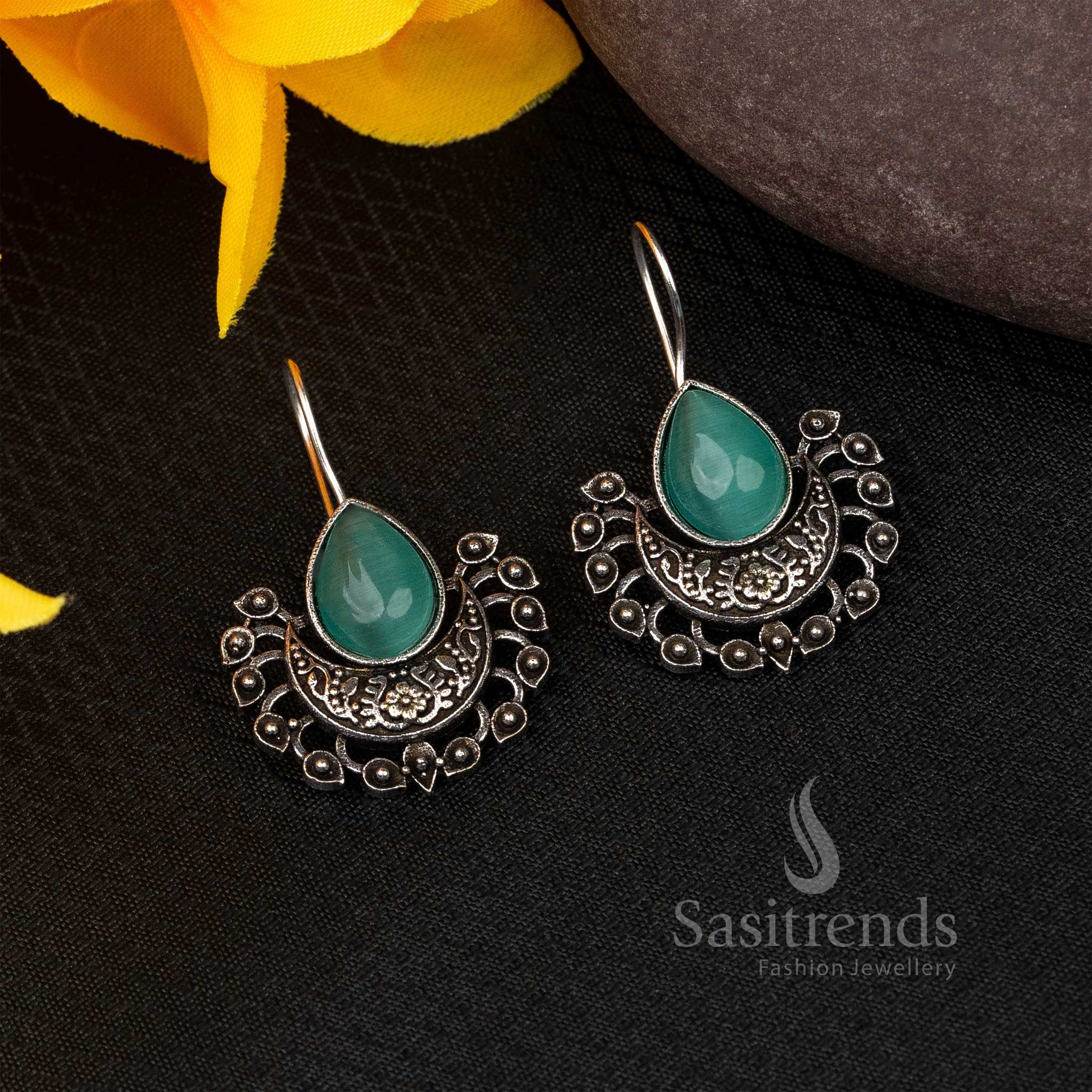 Boho Chic Fish Hook Oxidised Earrings with Multicolor Stones - Sasitrends - Image 7