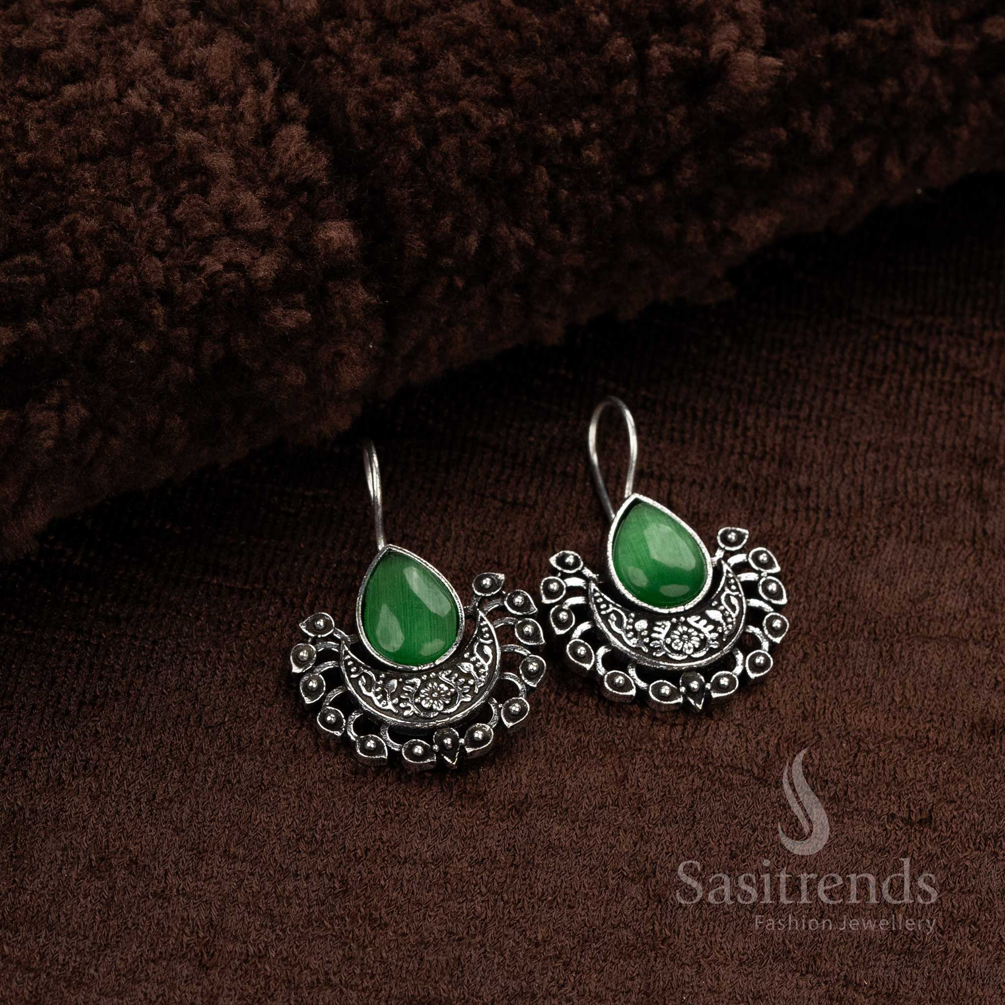 Boho Chic Fish Hook Oxidised Earrings with Multicolor Stones - Sasitrends - Image 8