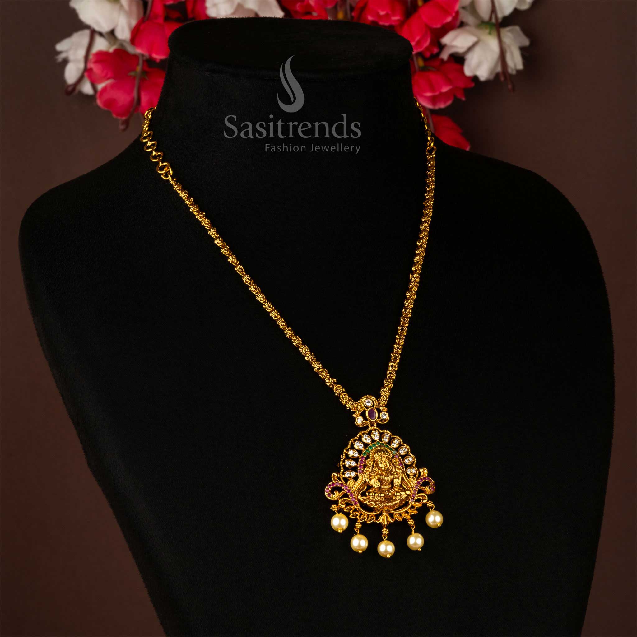 Sasitrends | Premium Matte Gold Divine Lakshmi Pendant Necklace Chain -Latest Traditional Temple Wear