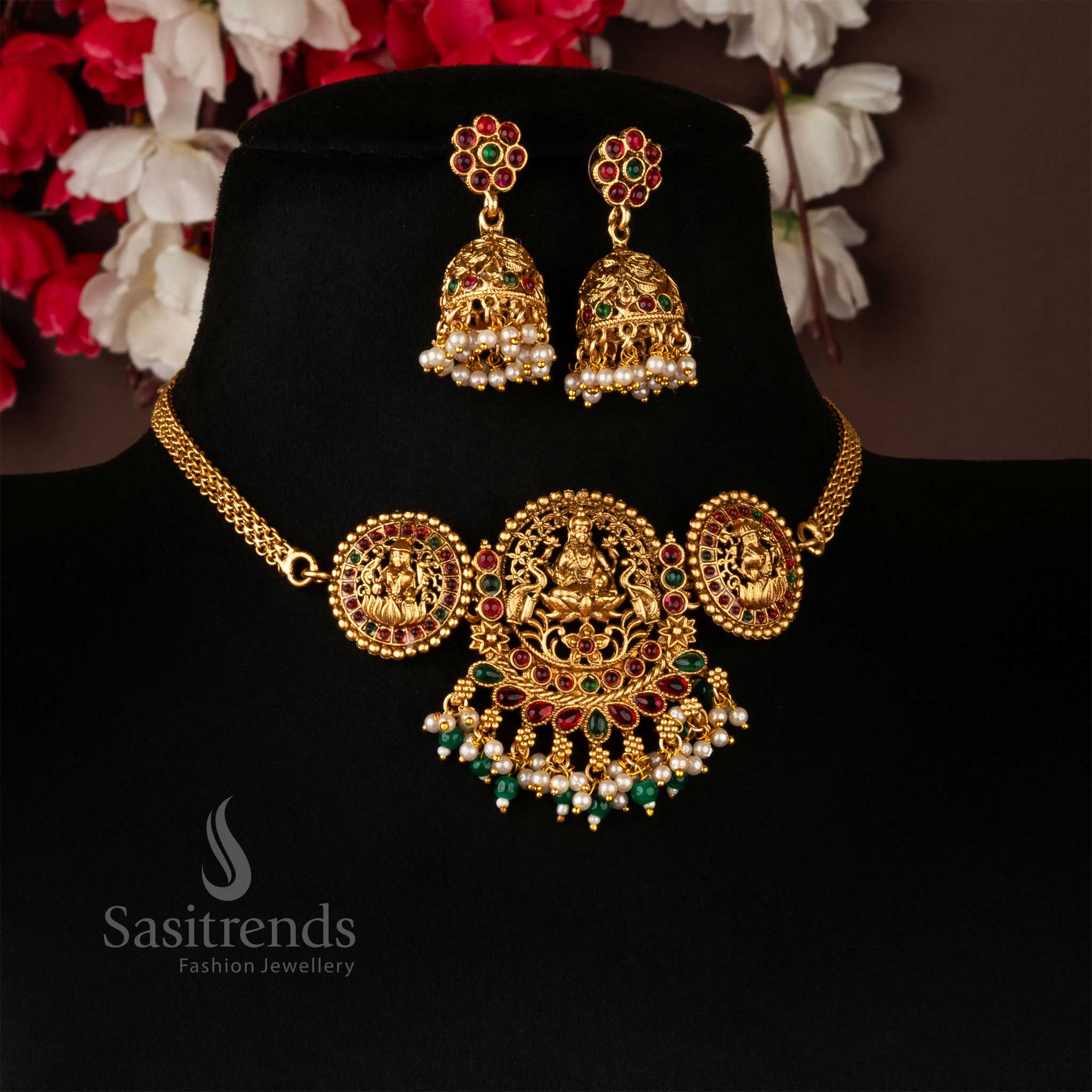 Divine Classic Matte Gold Lakshmi Temple Choker Set with Floral Jhumka Necklace Jewellery Set | Sasitrends