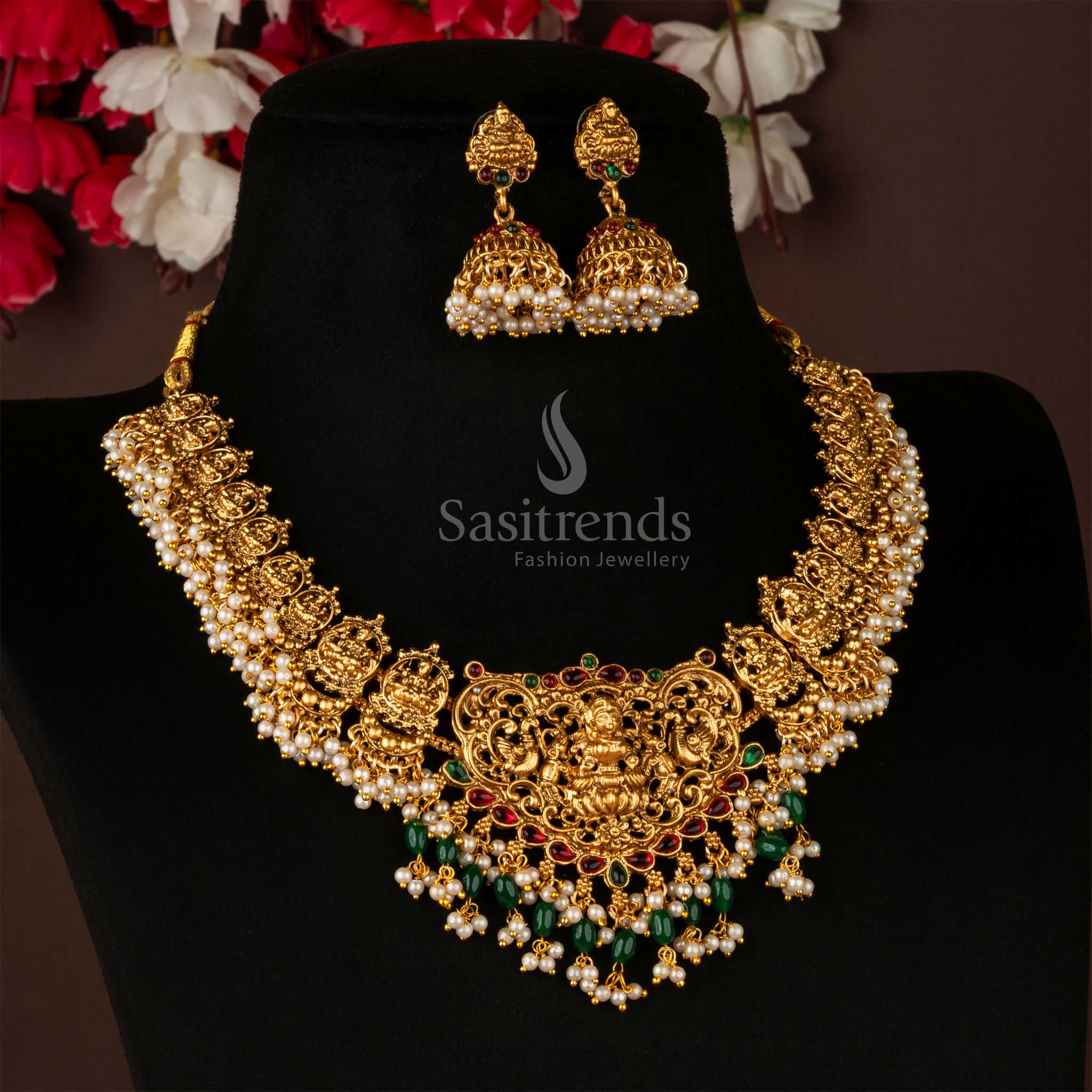 Classic Matte Gold Traditional Lakshmi and Peacock Pendant Necklace Jewellery Set | Sasitrends