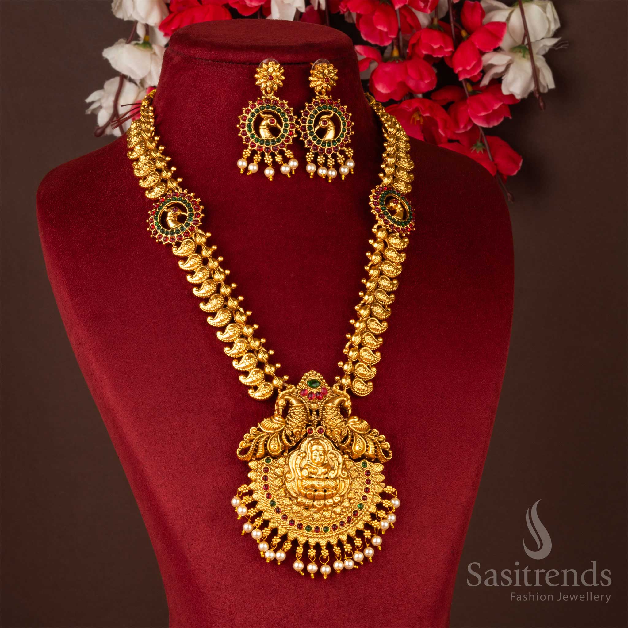 Classic Matte Gold Plated Divine Lakshmi Temple Necklace with Earrings Jewellery Set