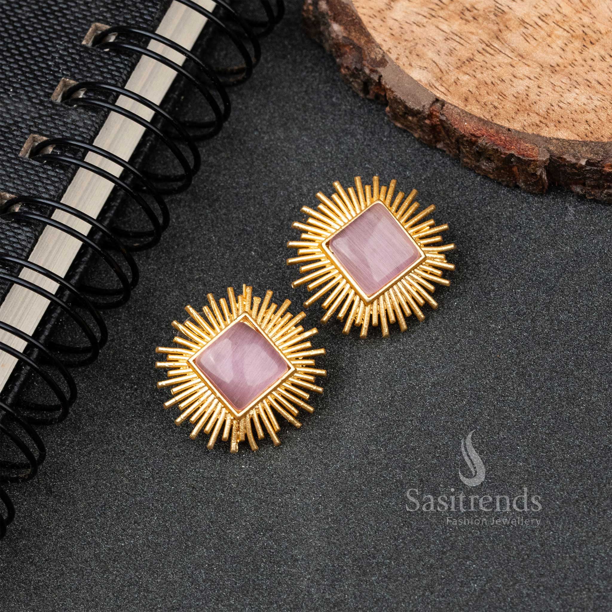 Sasitrends - Elegant Party Wear Gold Plated Monalisa Stone Feather Earrings - Image 4