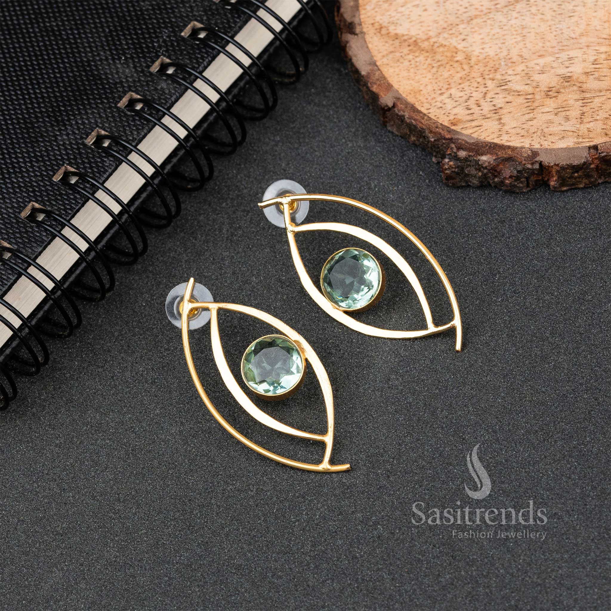Glamorous Gold Plated Eye Designer Earrings with Monalisa Stone Studded Center | Sasitrends - Image 4