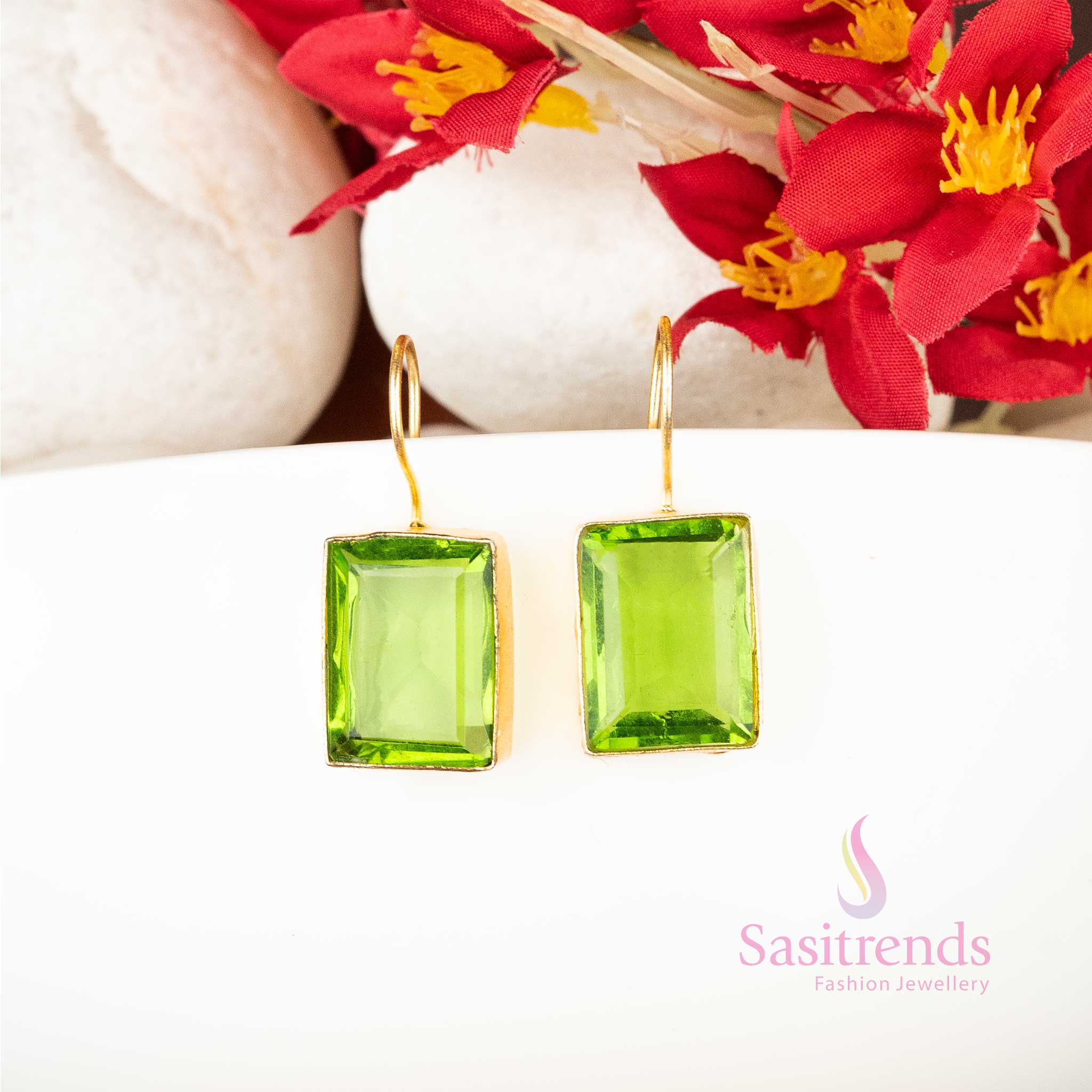 Opulent Gold Plated Rectangular Monalisa Stone Earrings - Office Elegance