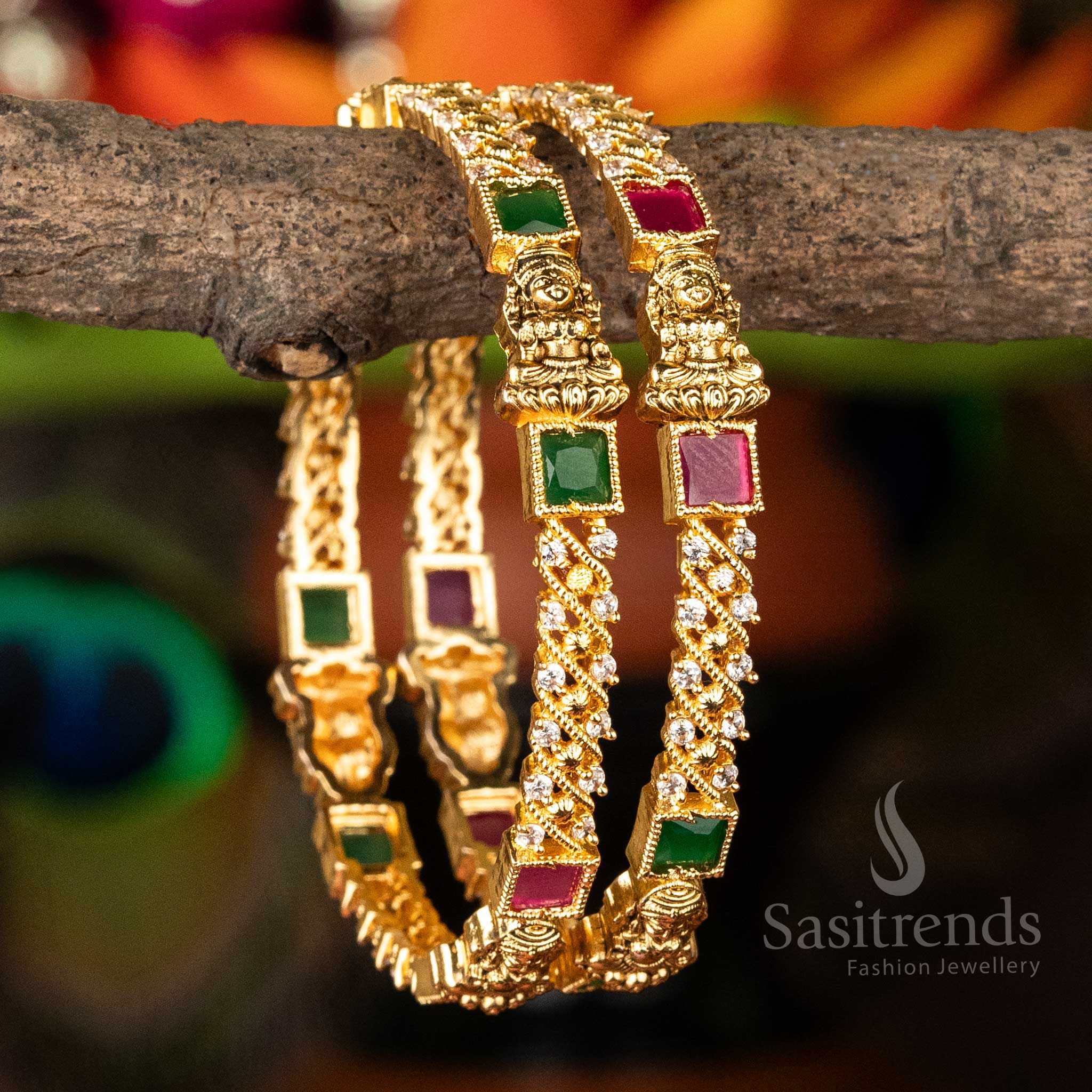 Temple Harmony Lakshmi Bangles in Matte Gold with AD Stone Detailing - Sasitrends
