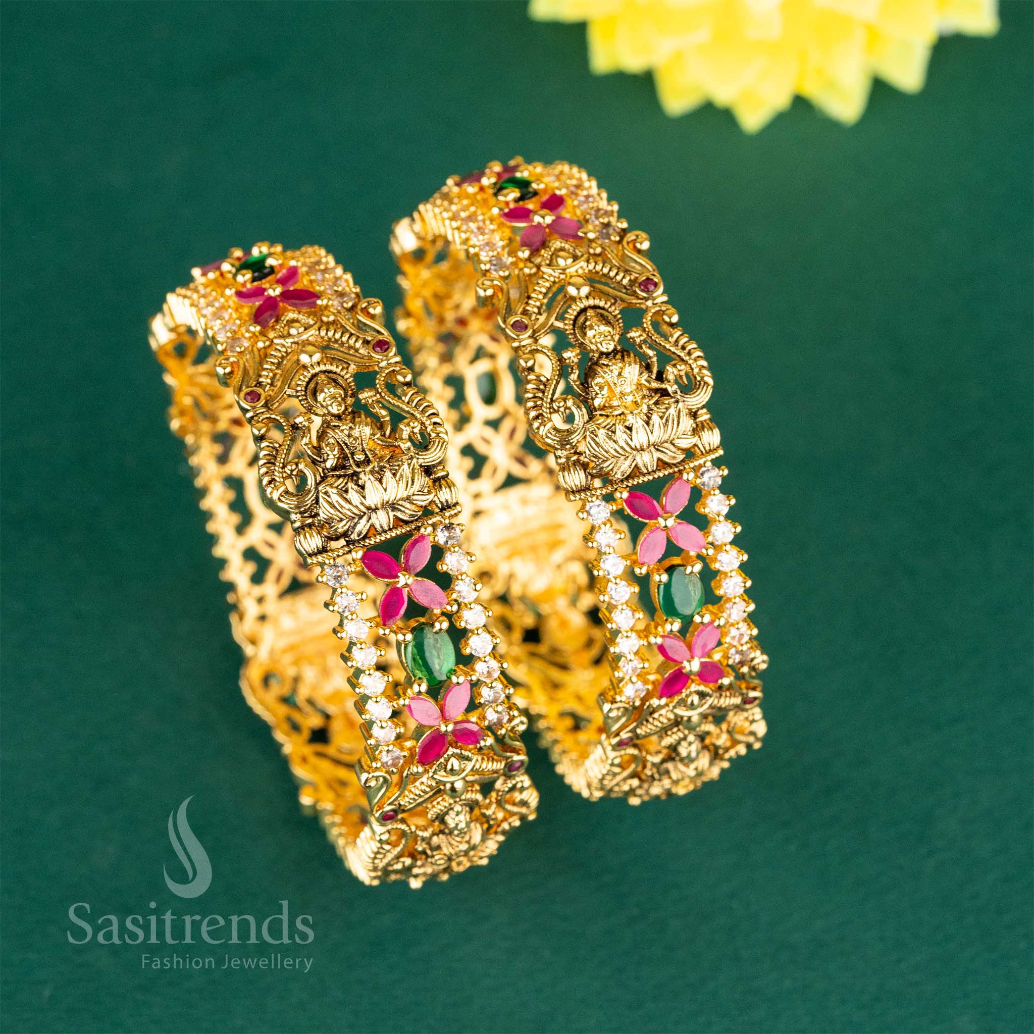 Matte Gold-Plated Lakshmi Temple Bridal Bangles with AD Marquise & Oval Stones - Sasitrends - Image 2
