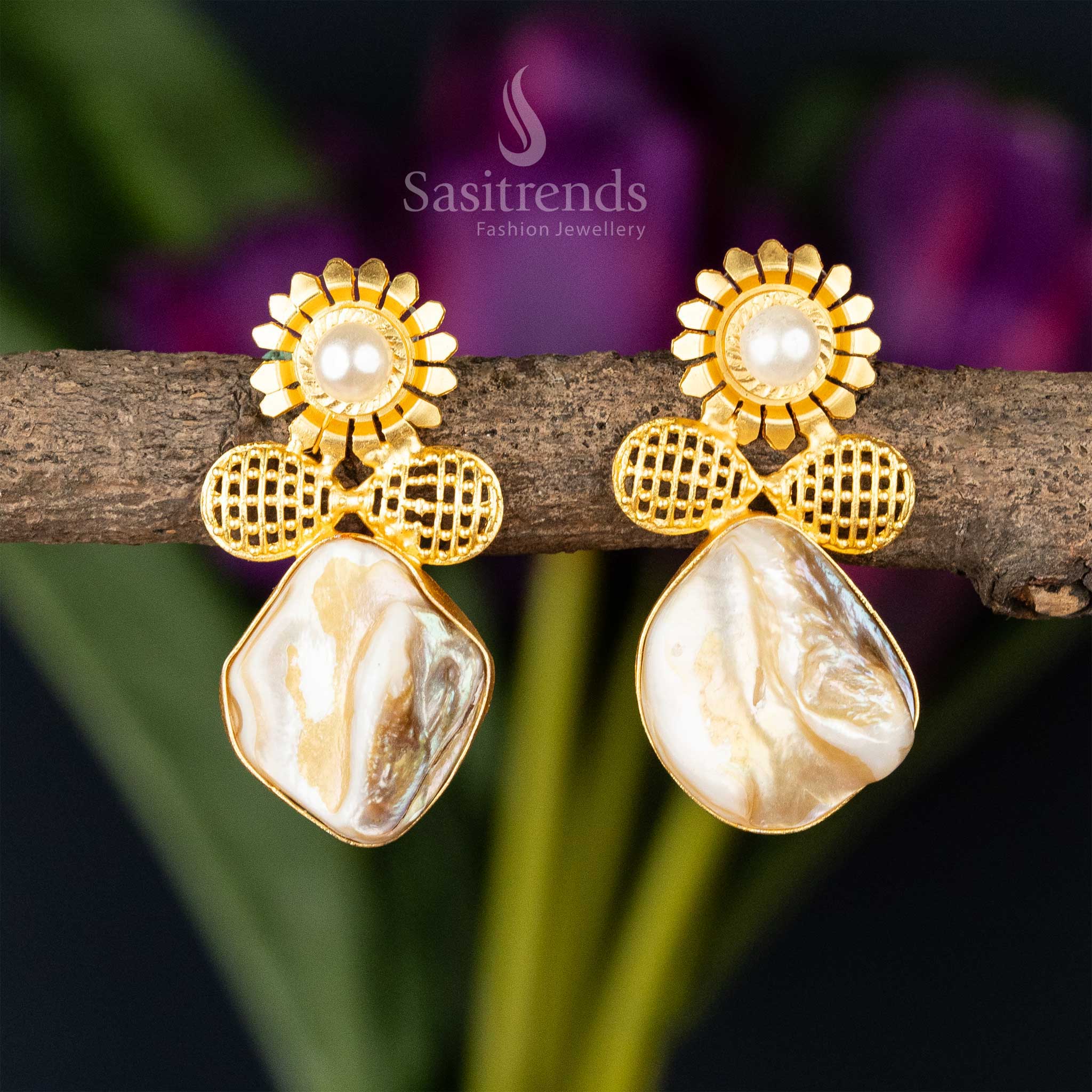 New Arrival: Contemporary Mother of Pearl and Gold-Plated Brass Earrings - Sasitrends - Image 4