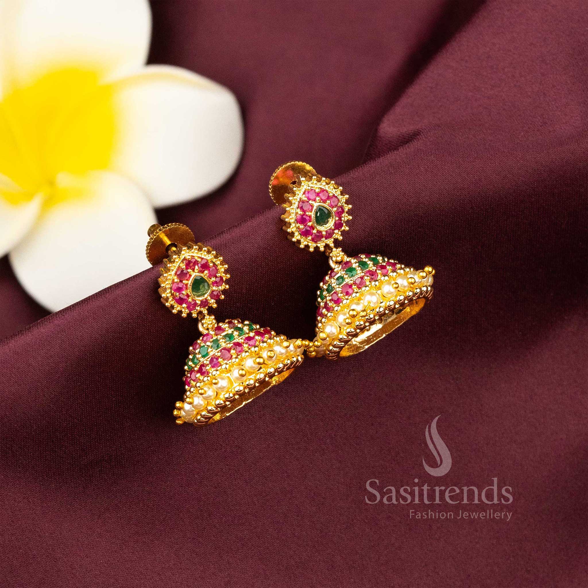 Timeless Elegance: Micro Gold Plated AD Stone Pearl Jhumka Earrings- Sasitrends - Image 10