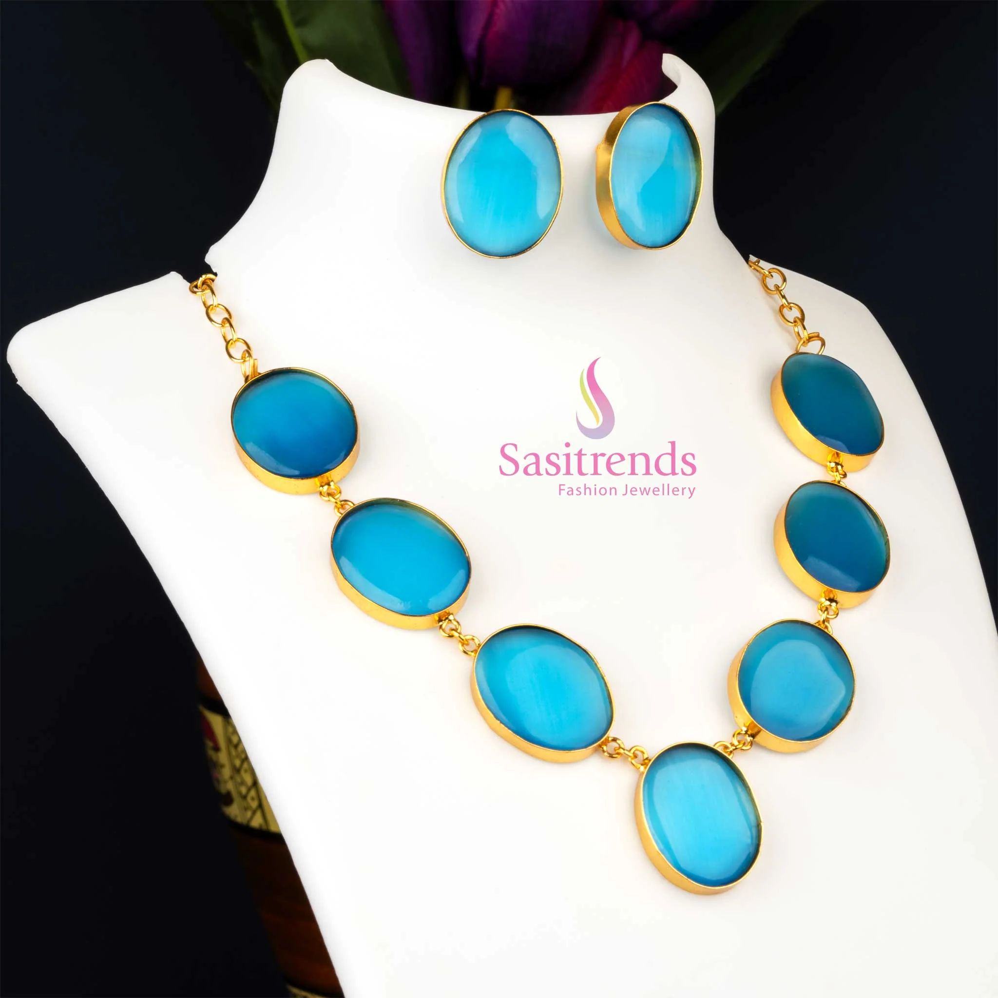 stylish Gold Plated Monalisa Stone Feather Necklace Jewellery Set - Party Wear Collections - Image 4