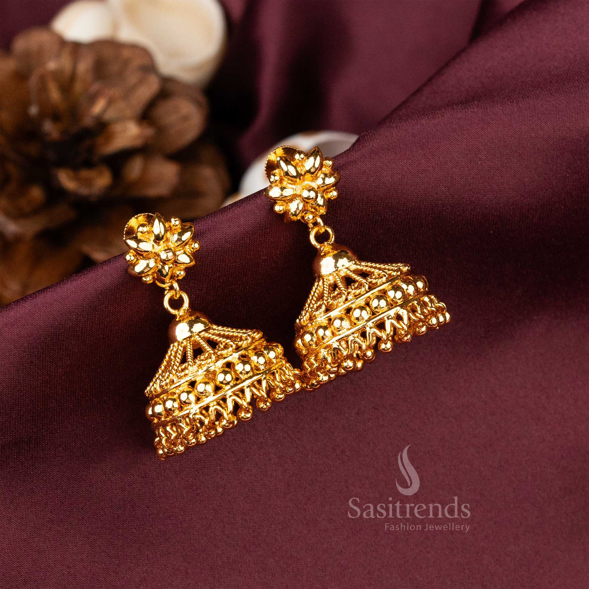 Exquisite Micro Gold Plated Kerala Style Jhumka Earrings - Traditional Elegance - Image 3