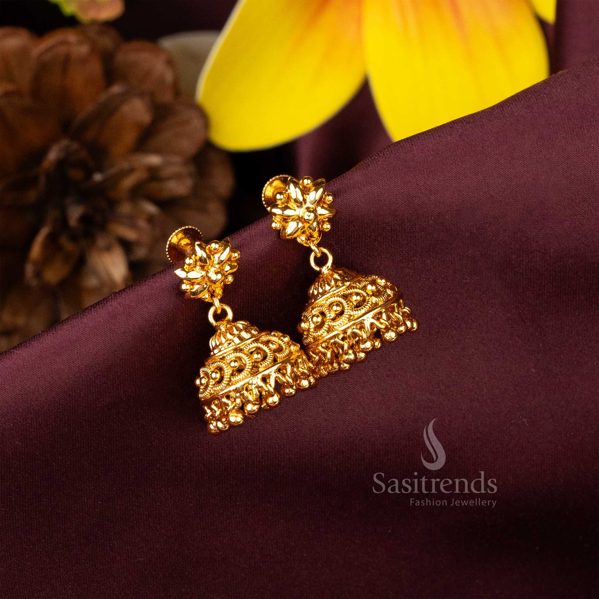 Exquisite Micro Gold Plated Kerala Style Jhumka Earrings - Traditional Elegance - Image 7