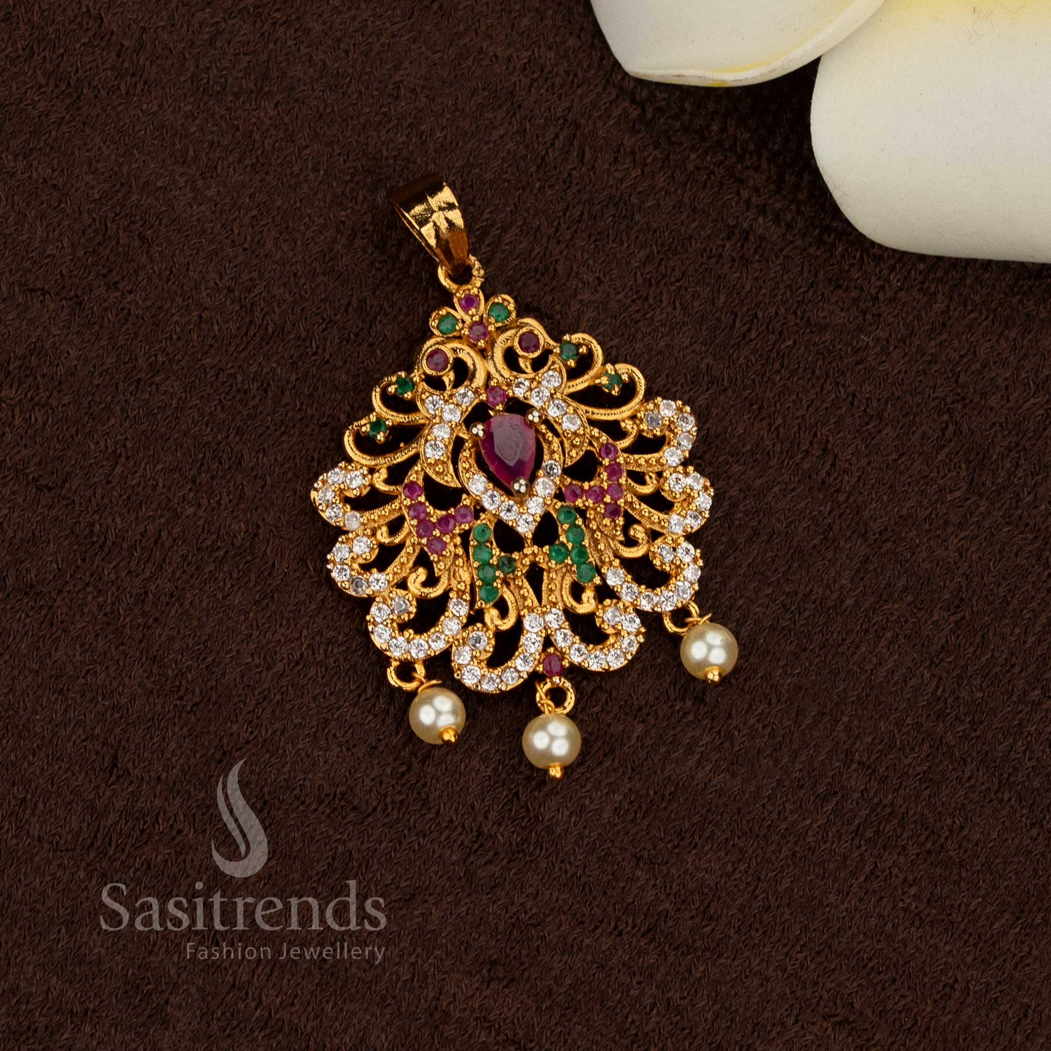 Sasitrends -  Temple Matte Gold Plated AD Small Pendant Dollar for Festive Elegance