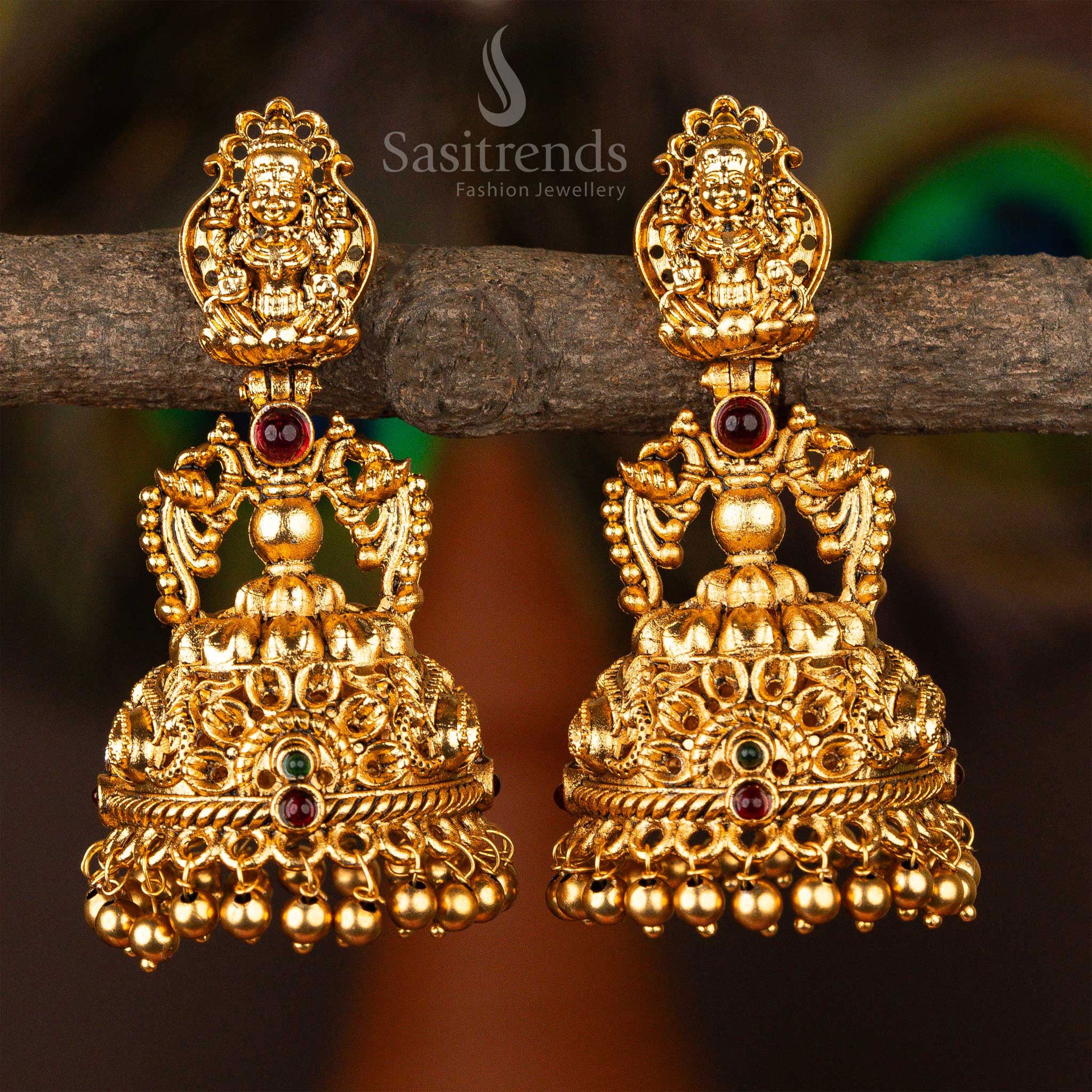 Traditional Classic Temple Matte Gold-Plated Lakshmi Peacock Designer Jhumka Earrings -Sasitrends - Image 3