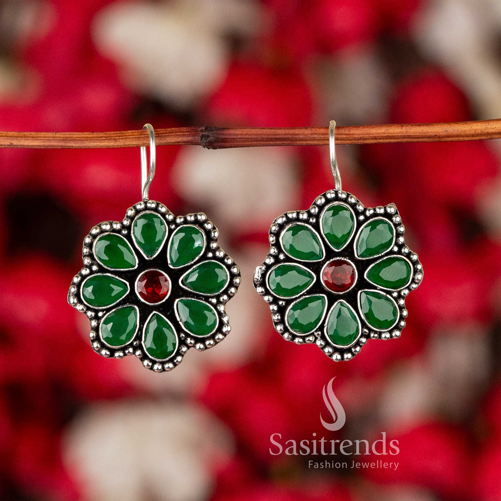 New Arrival: Oxidised Silver Floral Glitter Stones Earrings - Sasitrends - Image 12