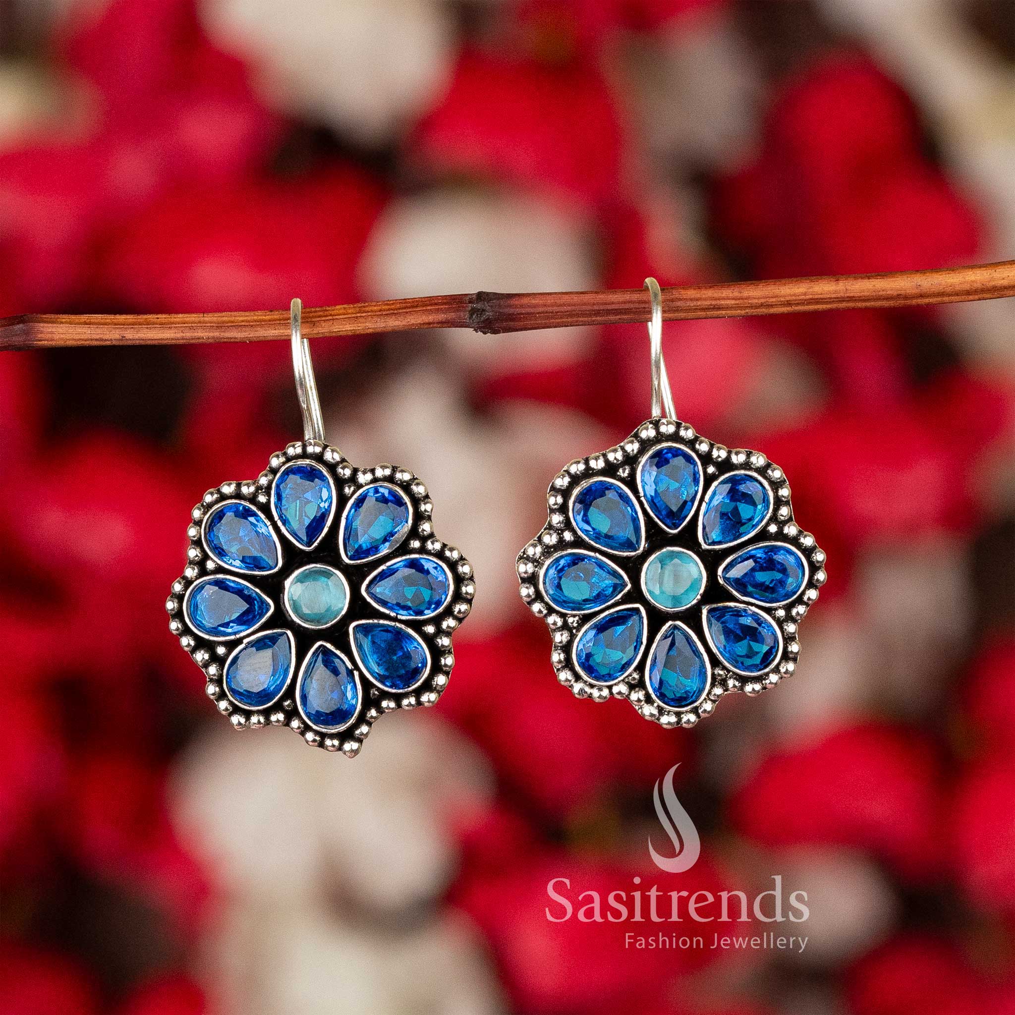 New Arrival: Oxidised Silver Floral Glitter Stones Earrings - Sasitrends - Image 5