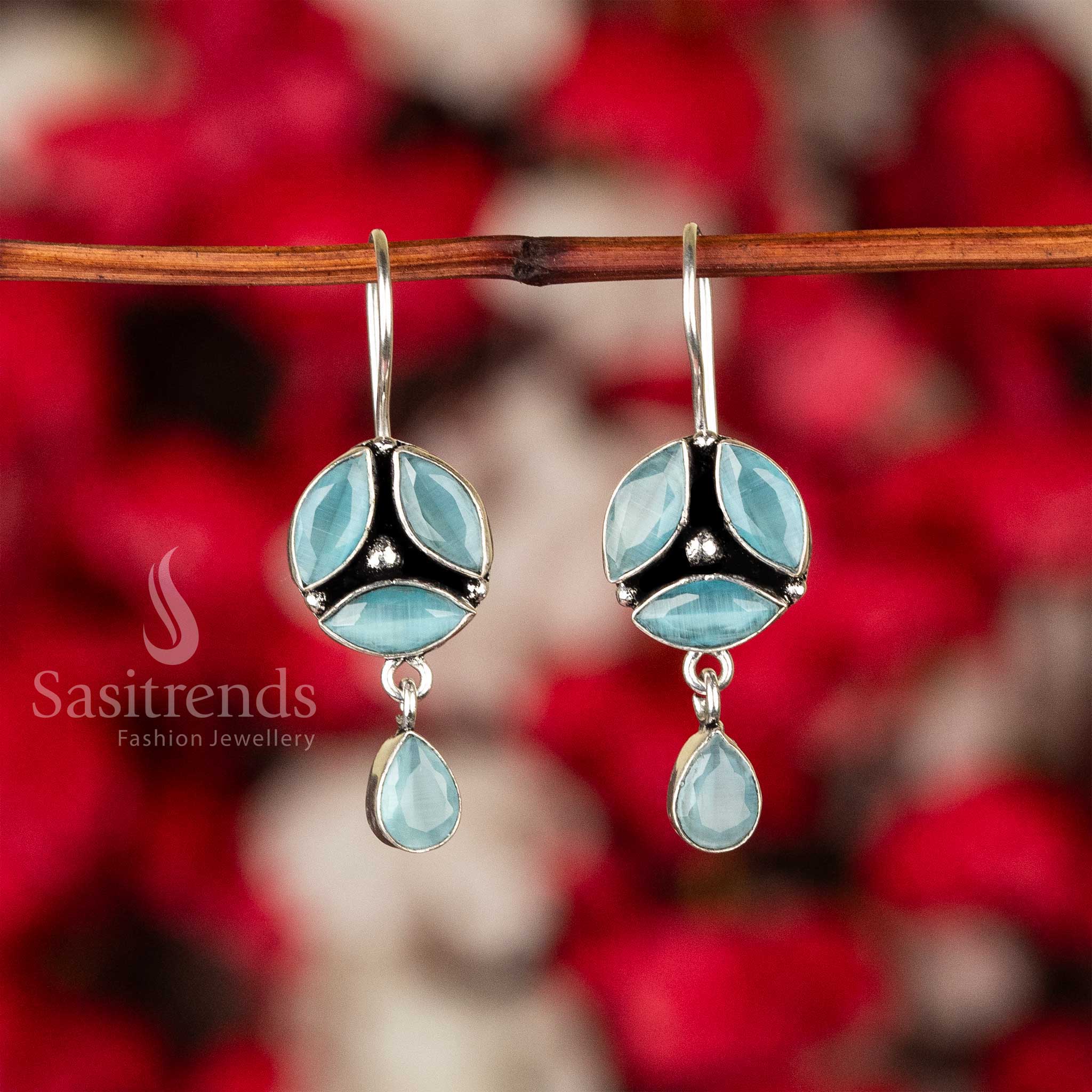 Oxidised Silver Earrings With Floral Motif and Glittering Stones - Sasitrends - Image 5