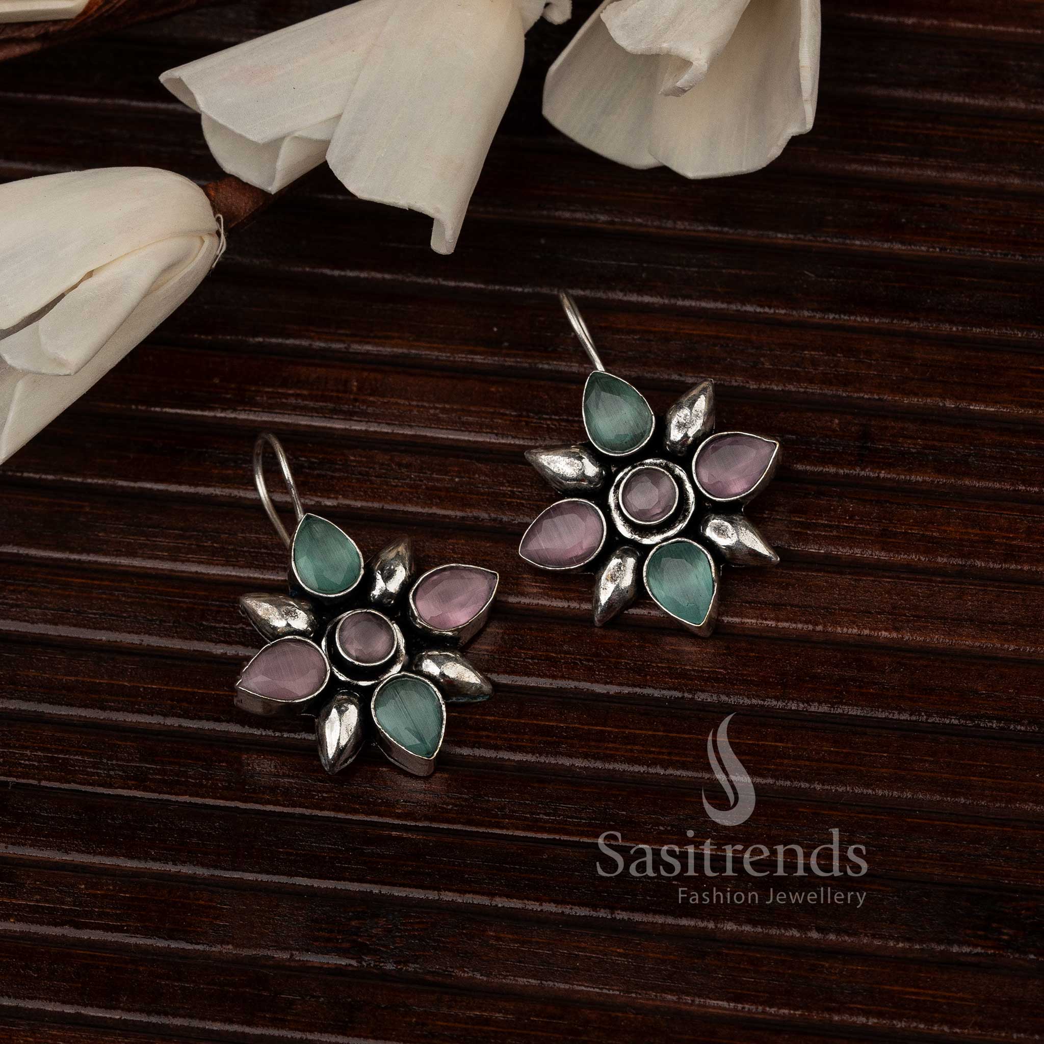 Latest Oxidised Flower Designer Stones Stud Earrings - Sasitrends - Image 12