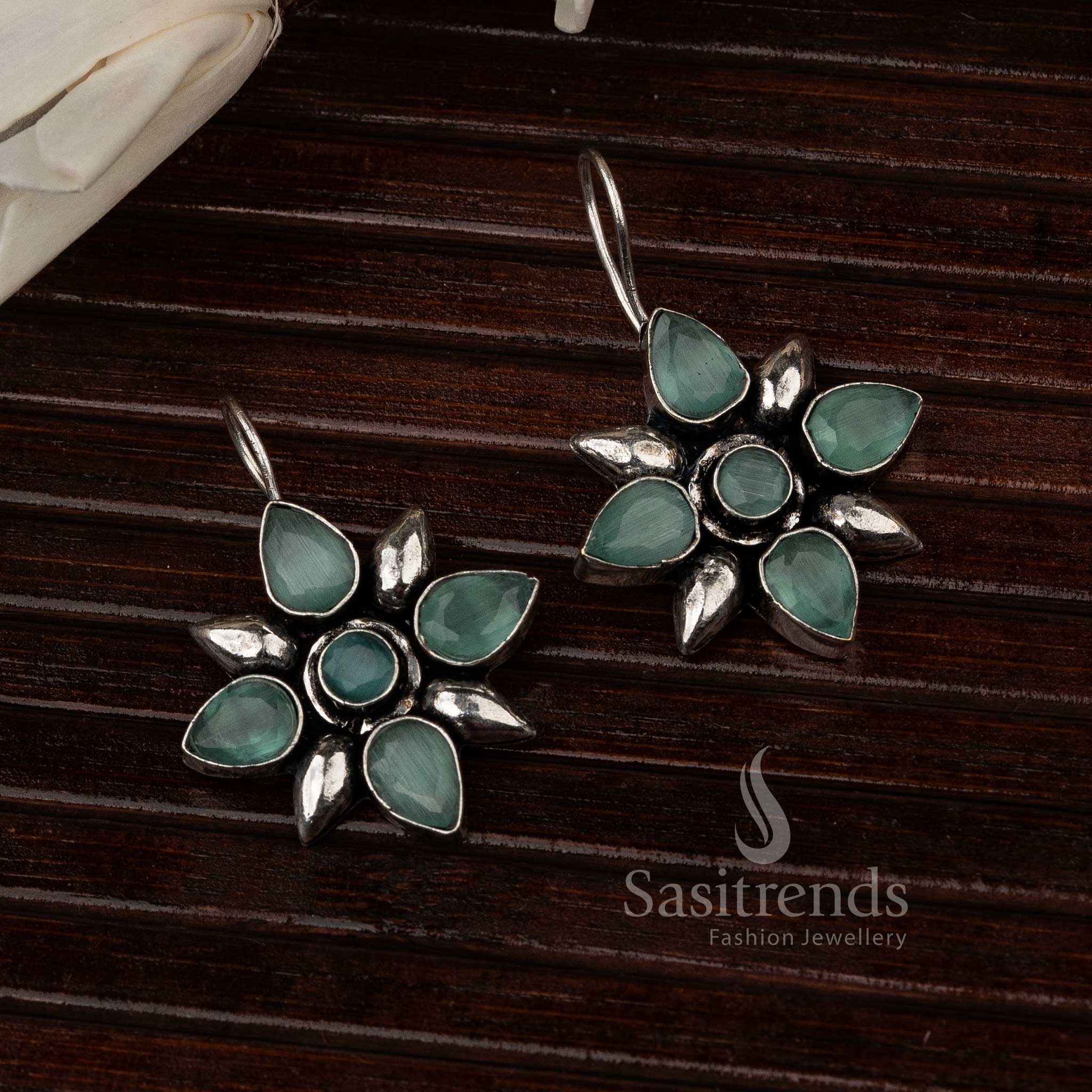 Latest Oxidised Flower Designer Stones Stud Earrings - Sasitrends - Image 8
