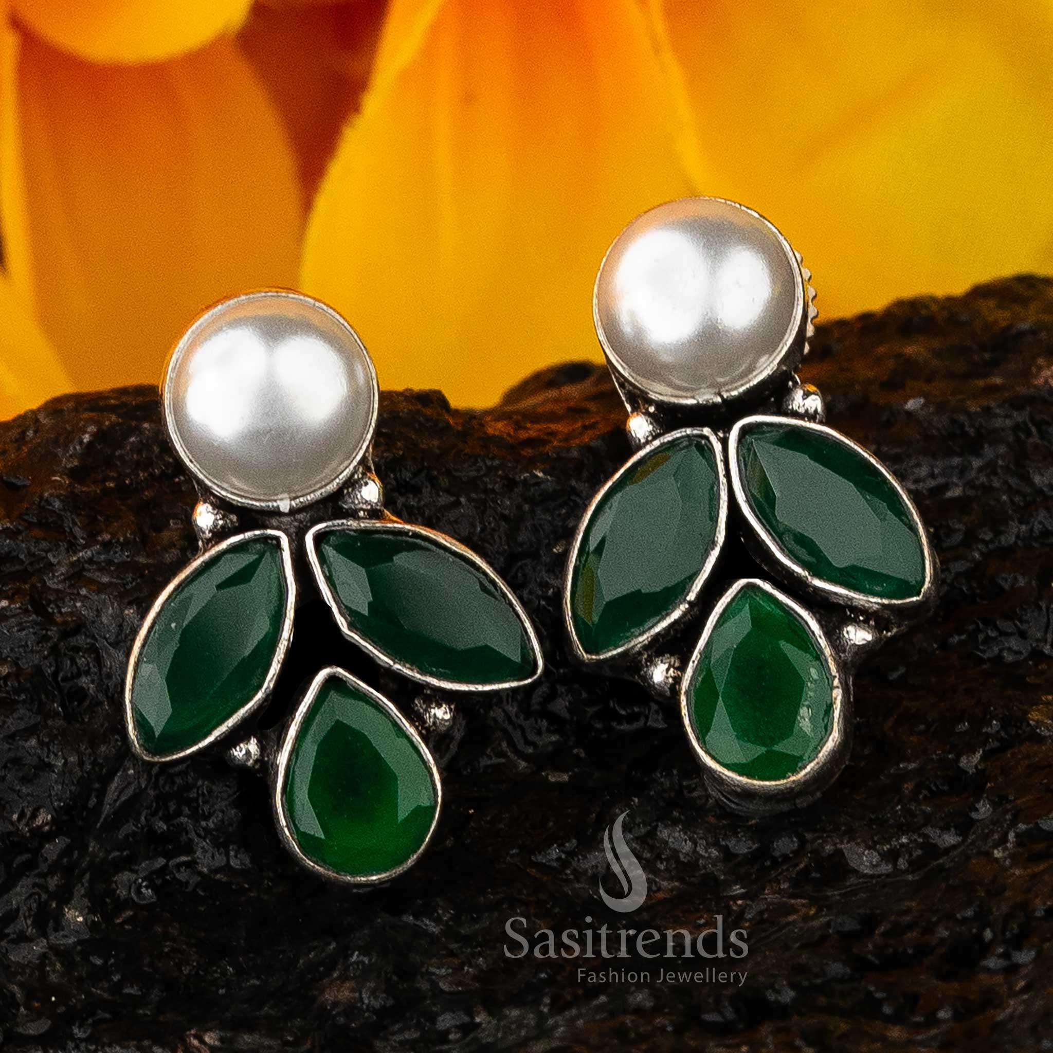 Vintage Glam Marquise & Pearl Oxidised Earrings - Sasitrends - Image 2