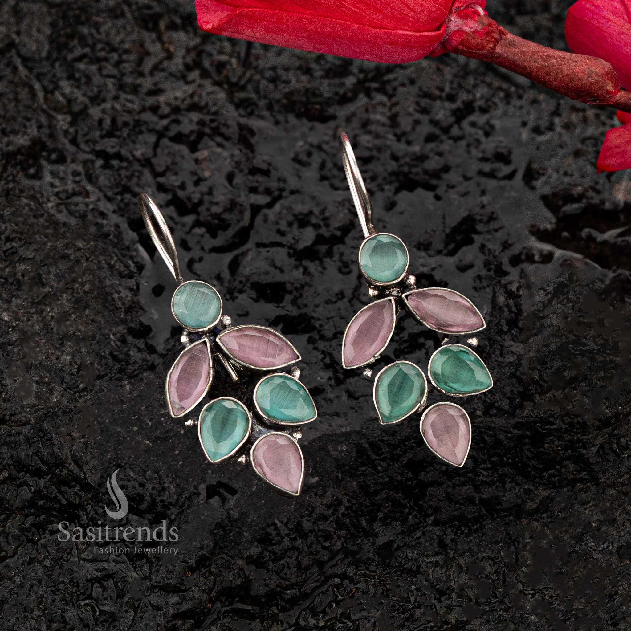 Elegant Oxidised Leaf Pattern Earrings with Teardrop and Marquise Stones | Multiple Colors Available - Sasitrends - Image 13