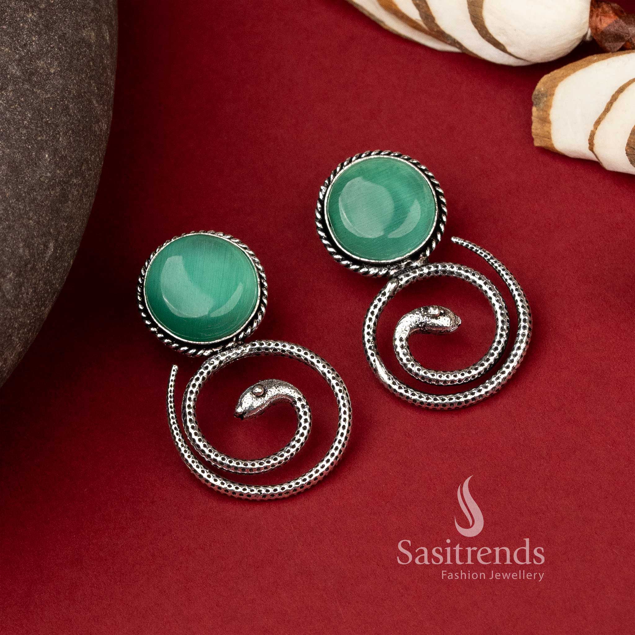 Coiled Snake Oxidised German Silver Monalisa Stones Earrings - Sasitrends - Image 9