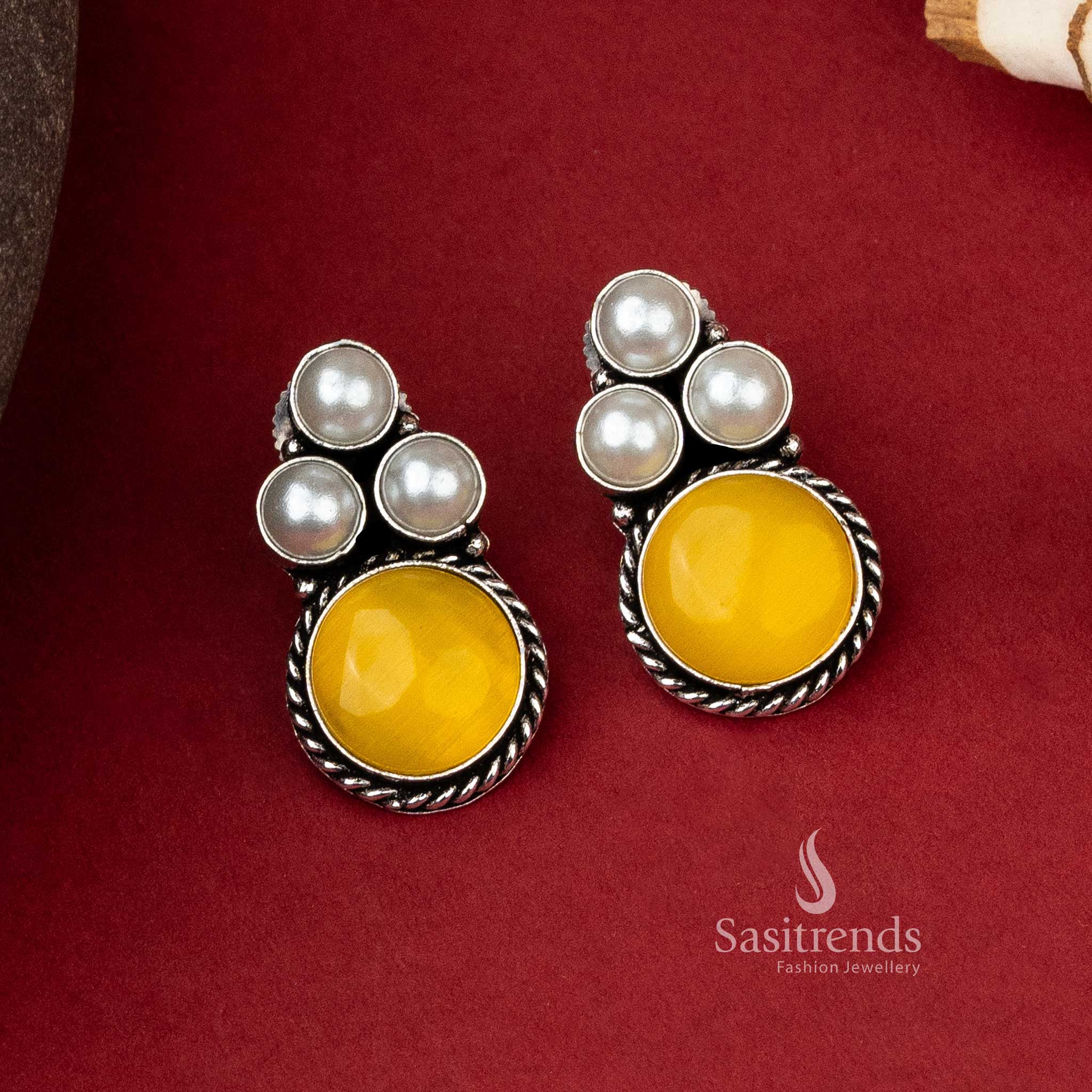Sasitrends - Latest Oxidised Silver Tri-Pearl and Monalisa Stones Earrings - Image 5