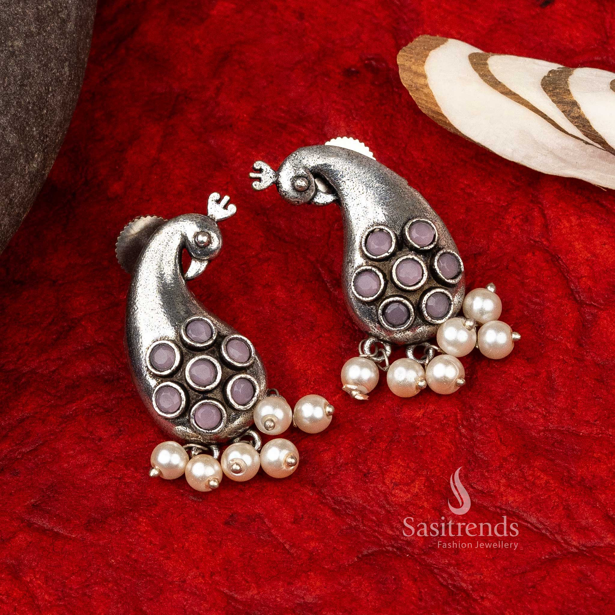 Embellished Peacock Oxidised Earrings with Floral Gem and Pearls - Sasitrends - Image 4