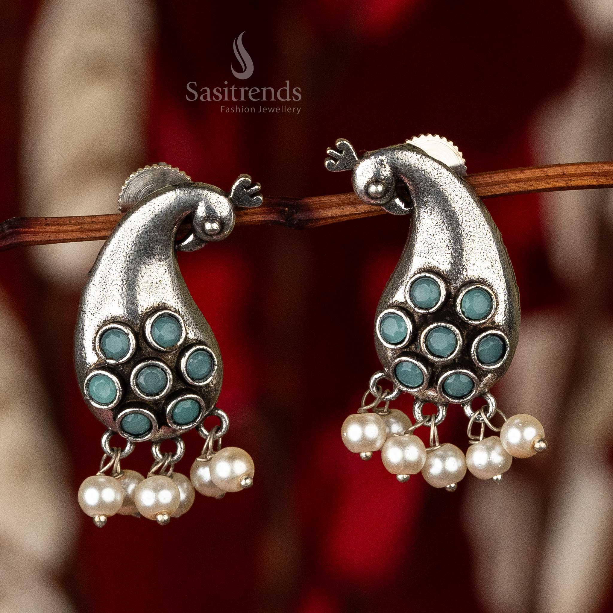 Embellished Peacock Oxidised Earrings with Floral Gem and Pearls - Sasitrends - Image 9