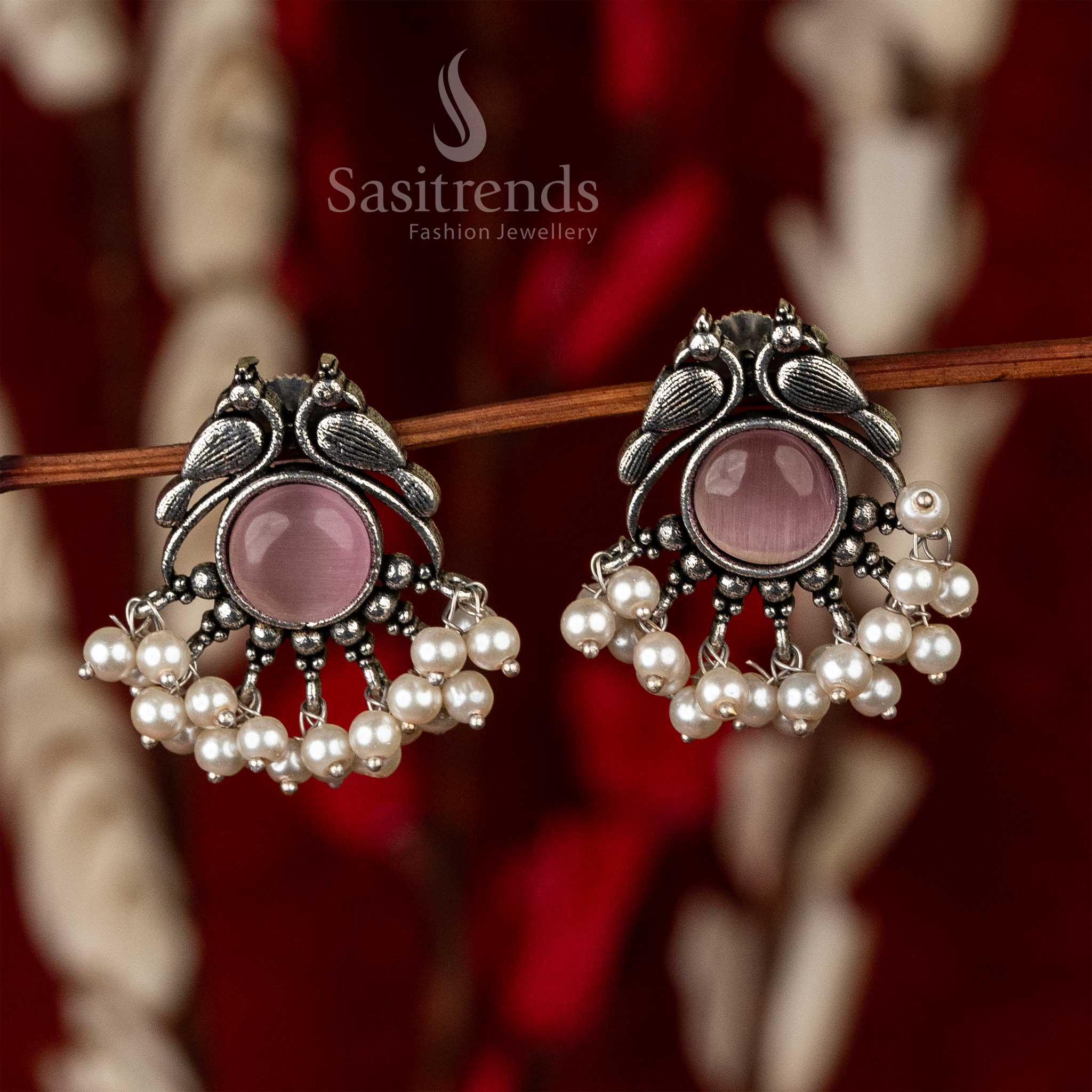 Sasitrends - Vintage Peacock Motif Oxidised Earrings with Central Stones and Pearl Accents - Image 7