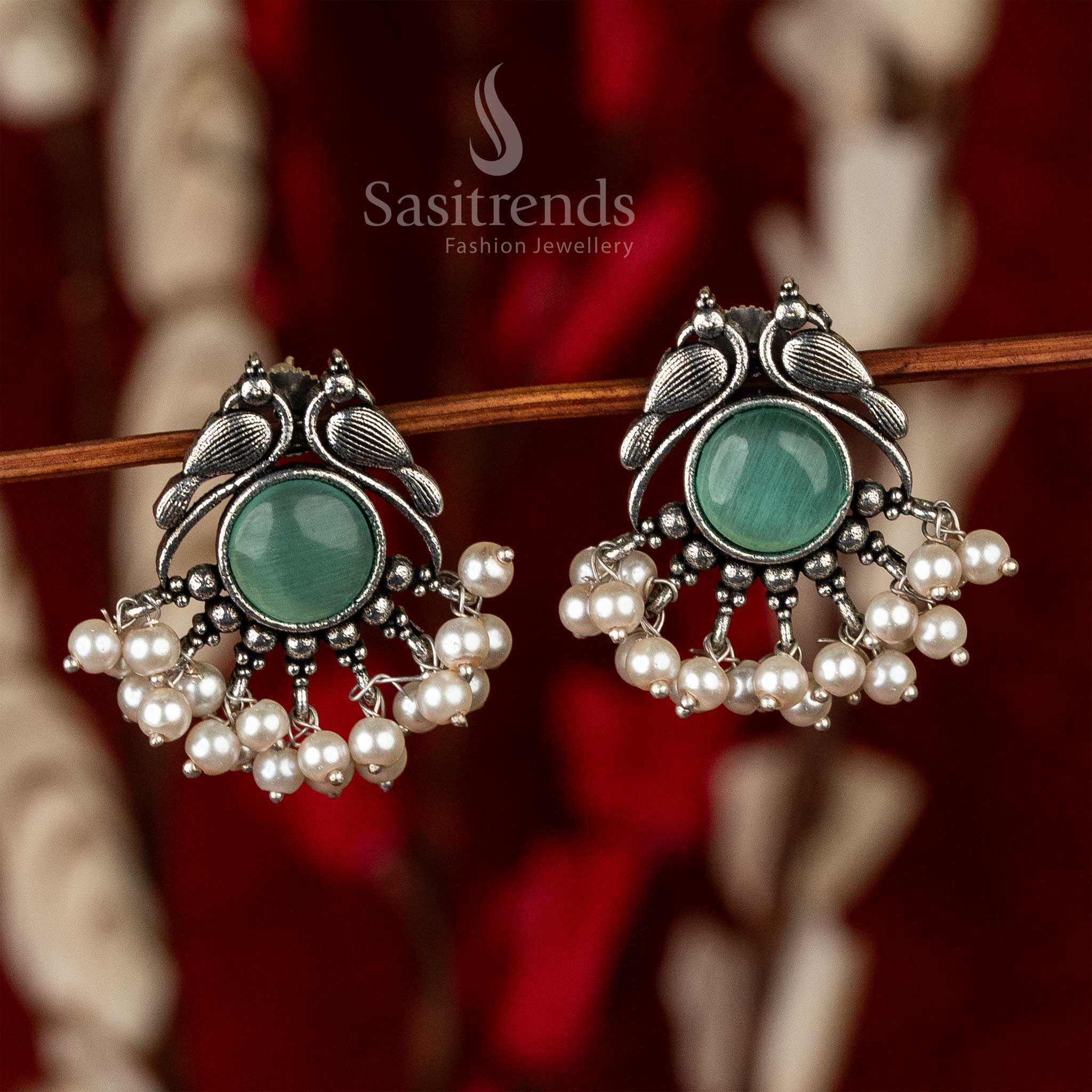 Sasitrends - Vintage Peacock Motif Oxidised Earrings with Central Stones and Pearl Accents - Image 8