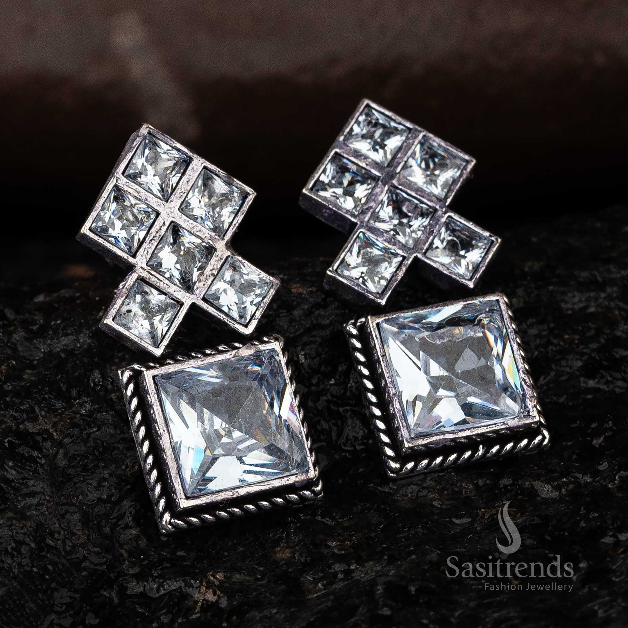 Dazzle Squared: Vibrant Oxidised Stone Studded Earrings - Sasitrends - Image 11