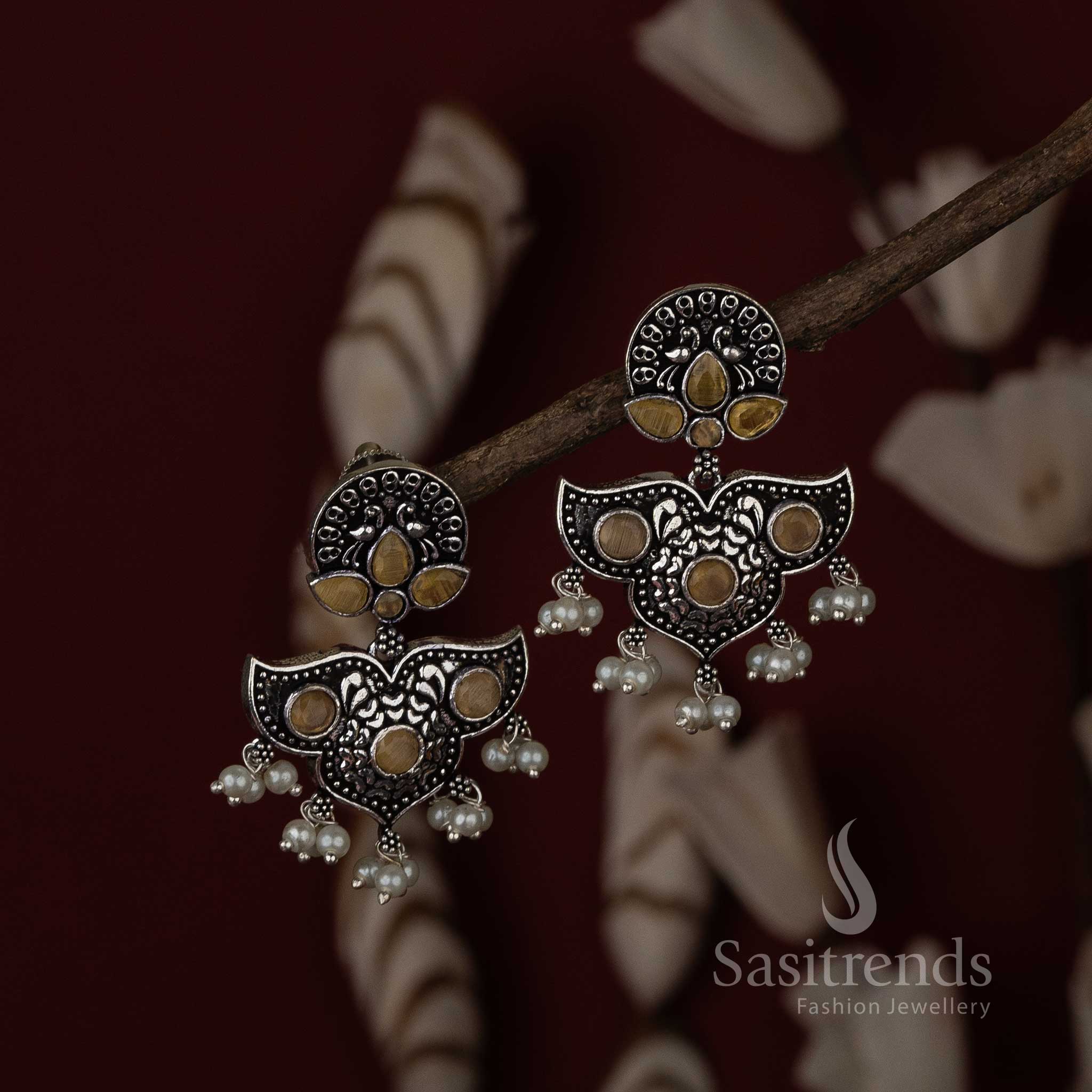 Exquisite Oxidised Silver Peacock Chandbali Earrings with Stones and Pearls - Image 11