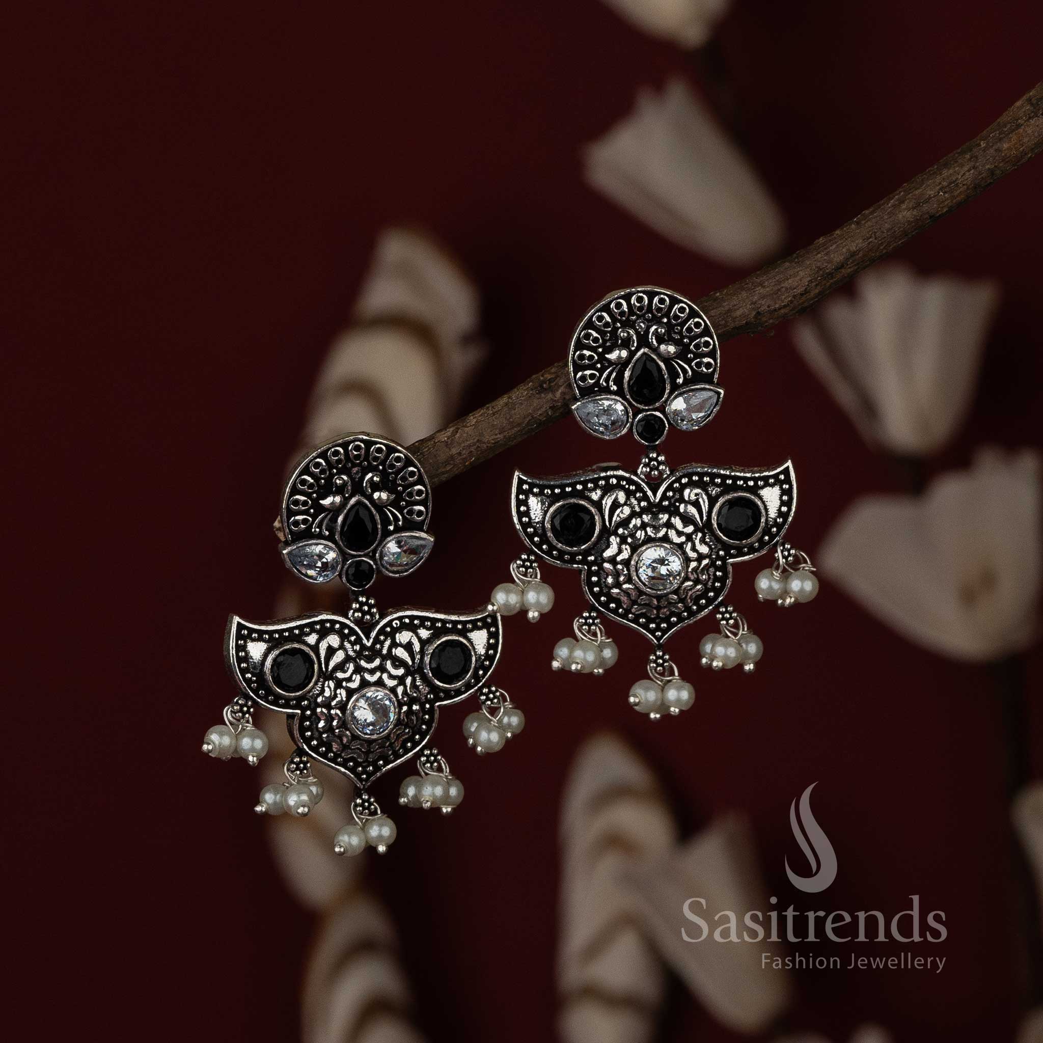 Exquisite Oxidised Silver Peacock Chandbali Earrings with Stones and Pearls - Image 3