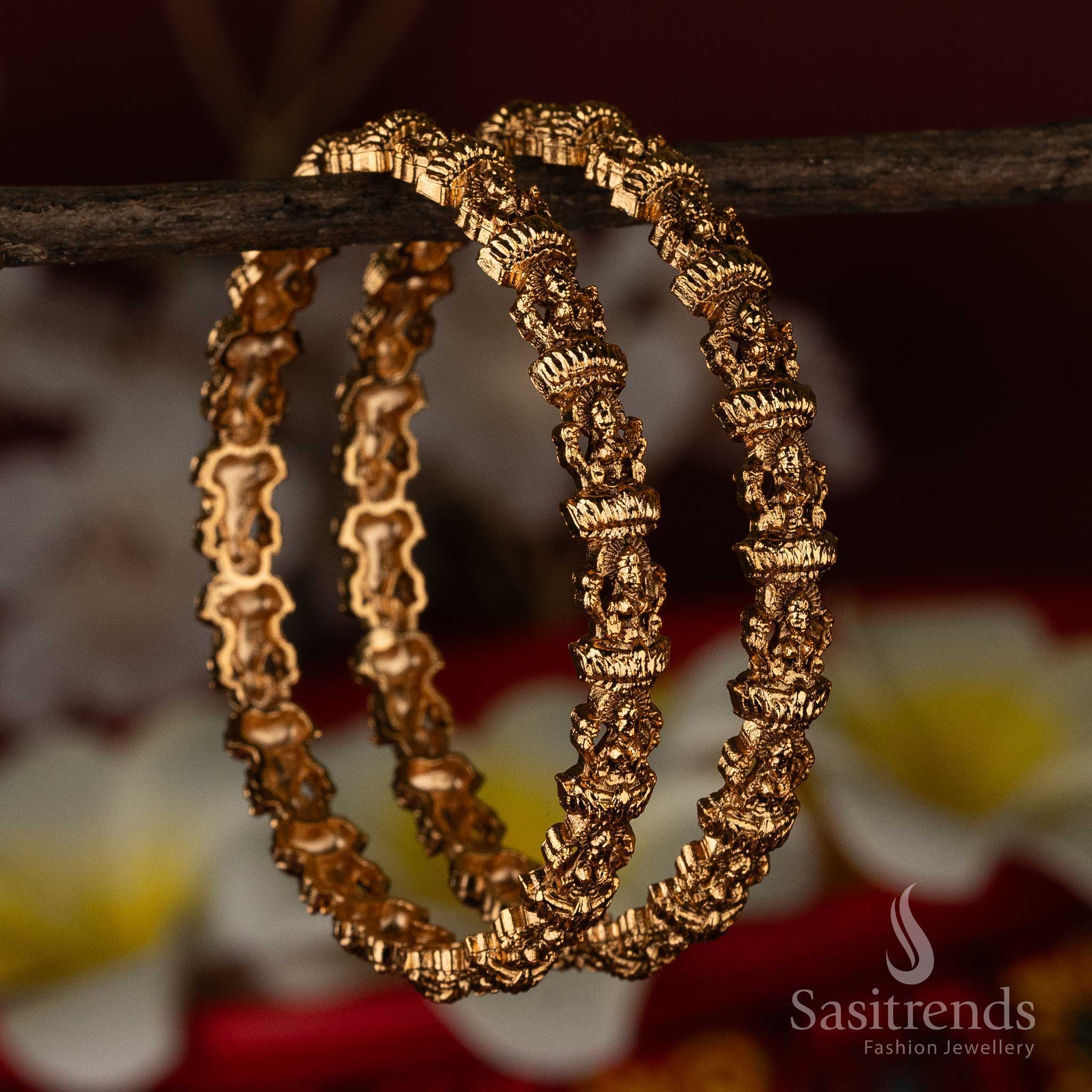 Divine Lakshmi Motifs Temple Matte Gold Plated Brass Bangles - Sasitrends - Image 2